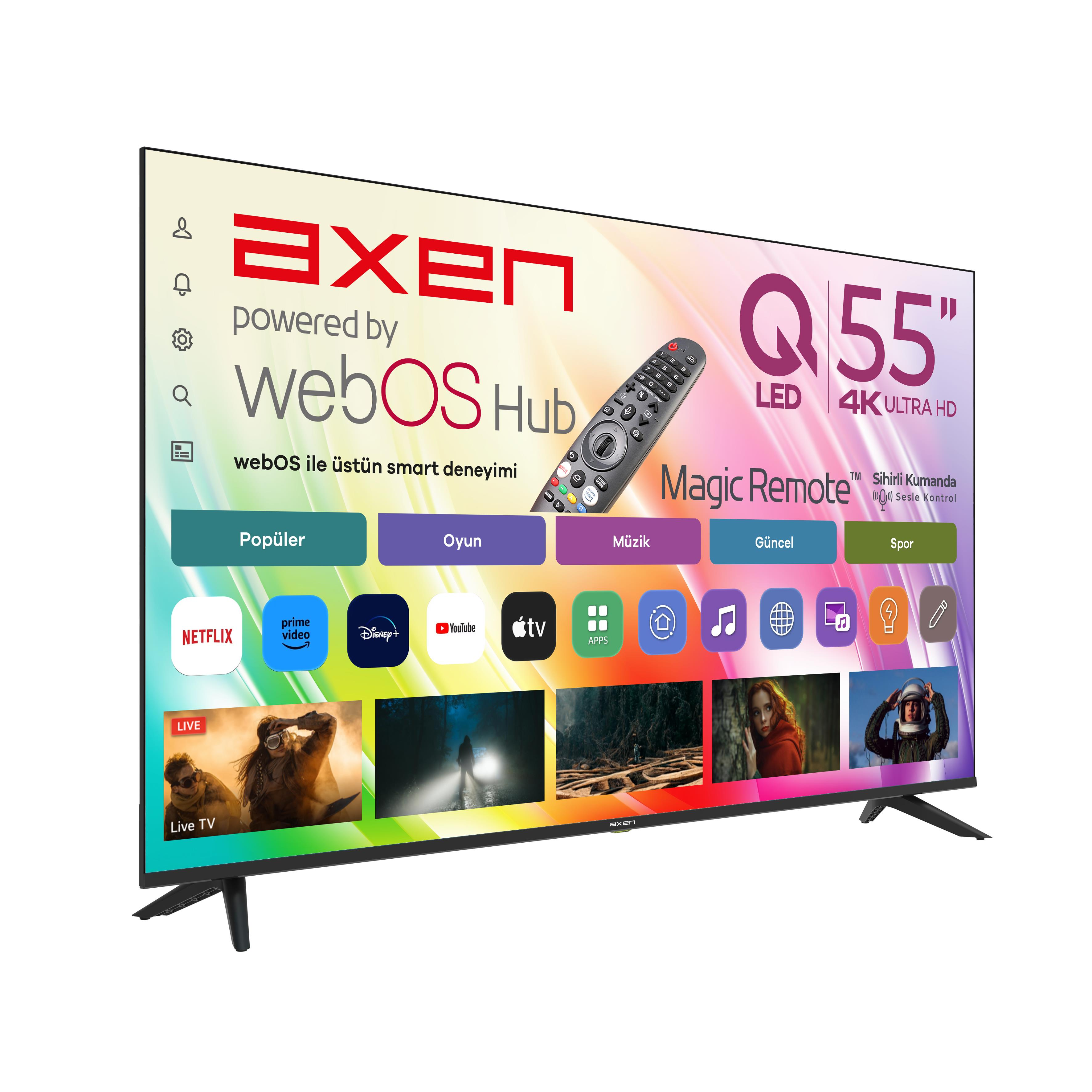 Magic Remote ve WebOS Hub özellikli Axen Q 55 inç LED 4K TV.