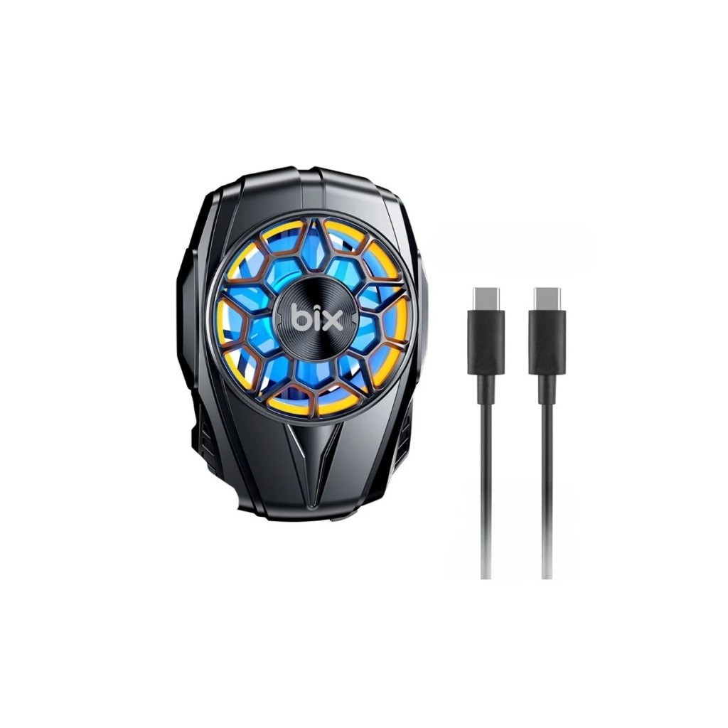 Mavi ve sarı ışıklı siyah fan ve iki adet USB-C kablosu.