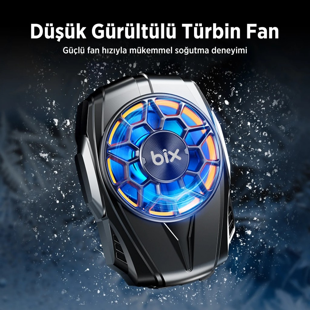 Mavi aydınlatmalı ve sarı vurgulu siyah türbinli fan.