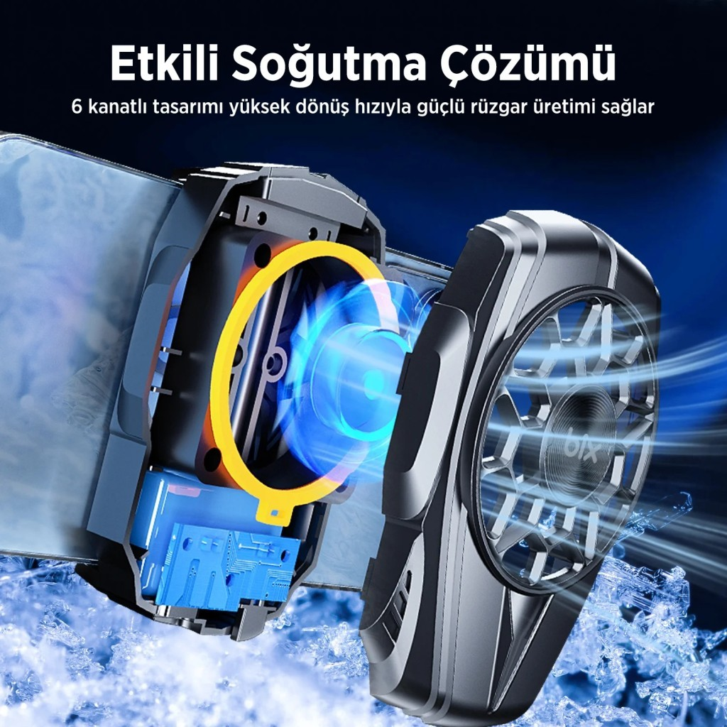 Mavi fanlı ve sarı halkalı telefon soğutucu buz üzerinde duruyor.