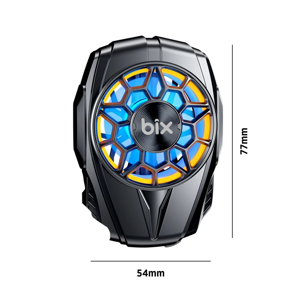 Mavi ve sarı aydınlatmalı siyah fan, 54x77mm.