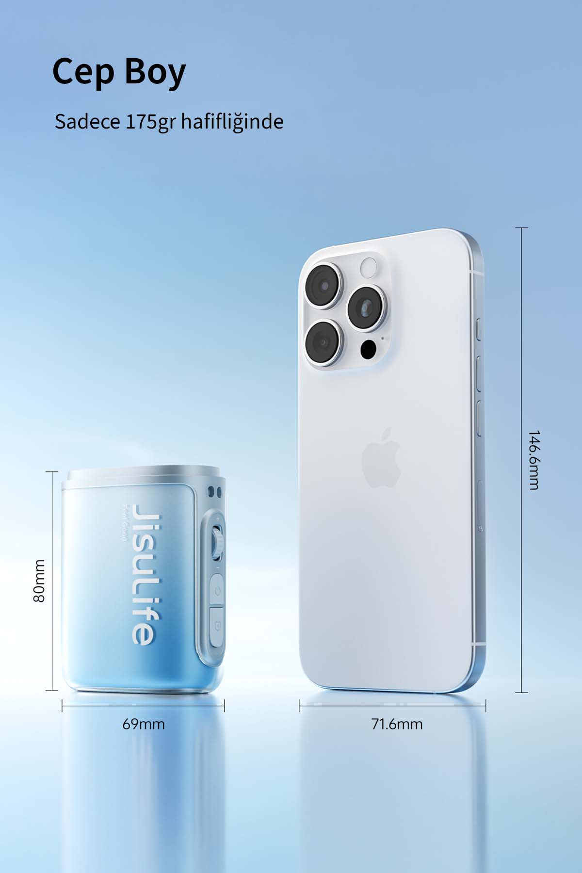 Boyutları olan küçük mavi bir cihazın yanında beyaz bir iPhone.