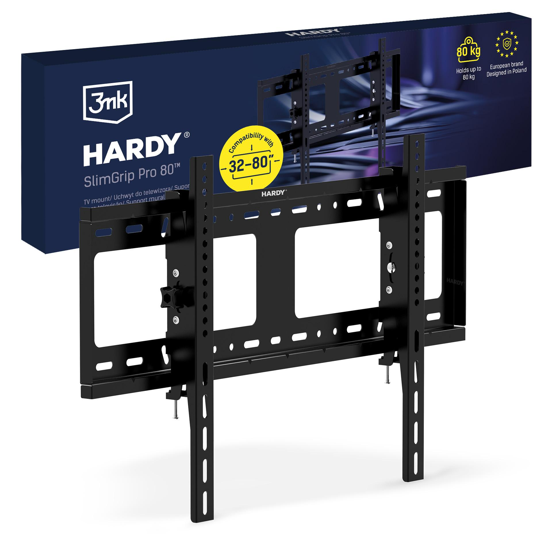 Czarny uchwyt TV, kompatybilny 32-80 cali, udźwig do 80 kg.