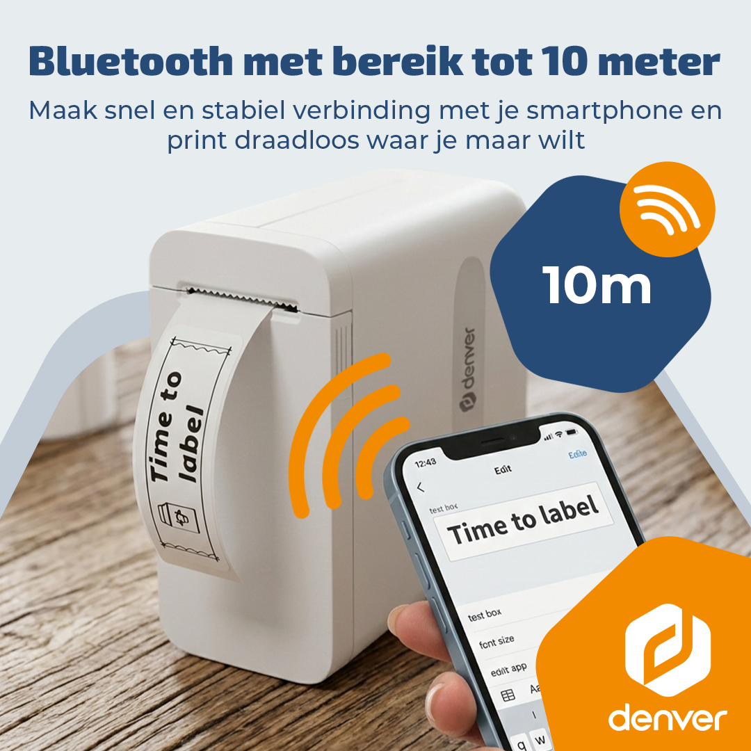 A white label printer connects to a smartphone, 10m range.