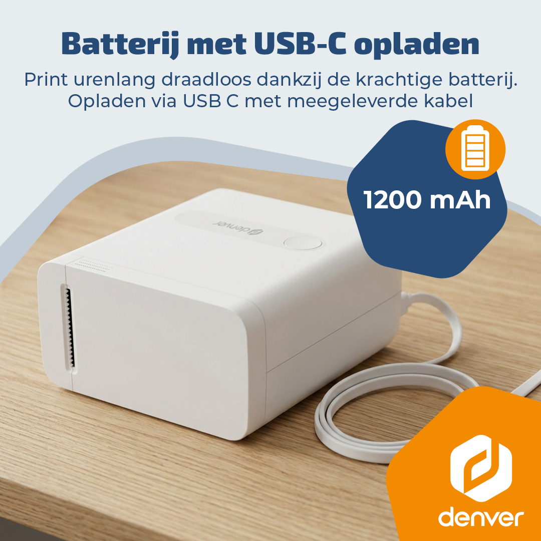 A white printer with USB-C charging and a 1200 mAh battery sits on a wooden table.