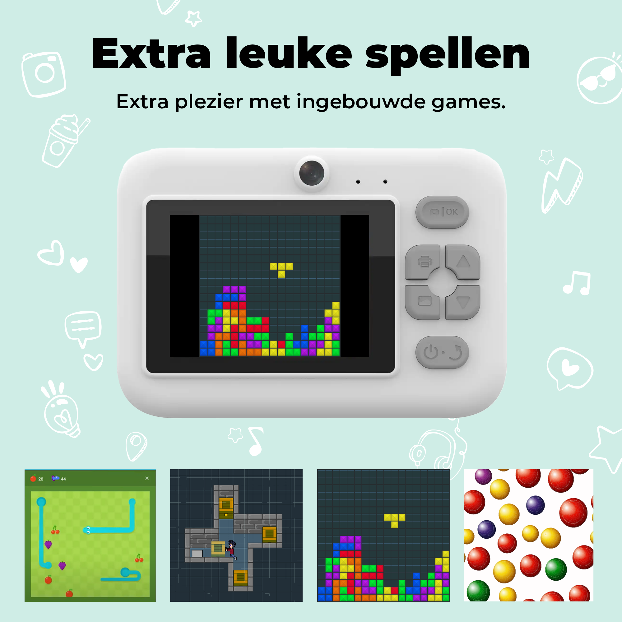 A handheld device showcasing games: Tetris, Snake, puzzle, and colorful balls.