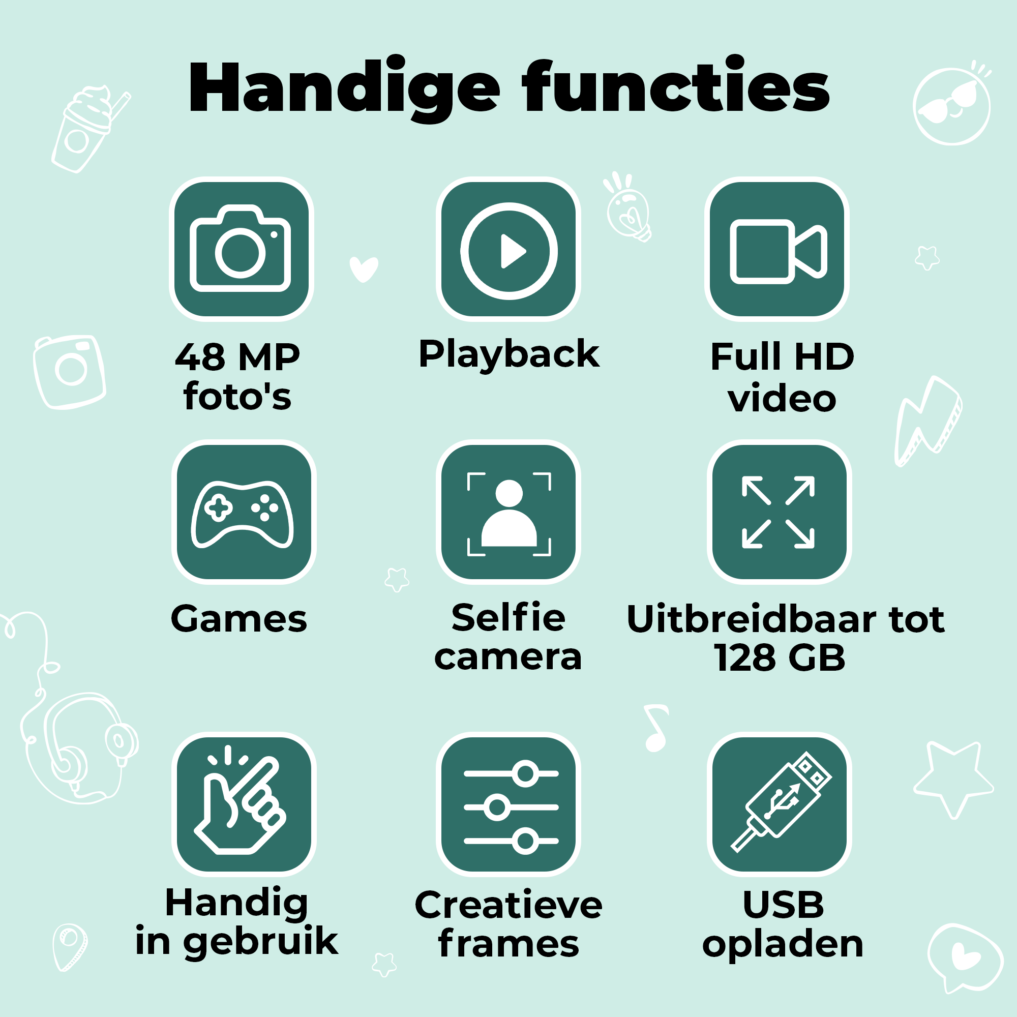 Image shows 'Handy features' with icons for 48 MP photos, playback, Full HD video.