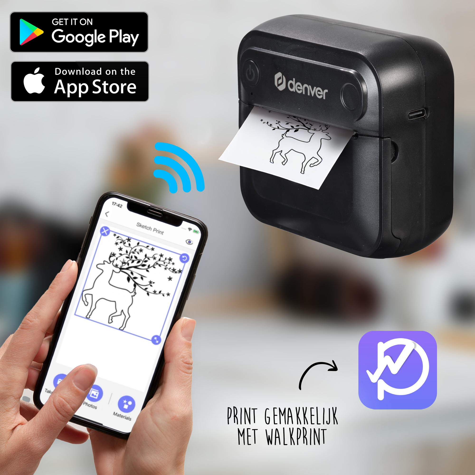 A smartphone shows a deer print, a printer prints it.