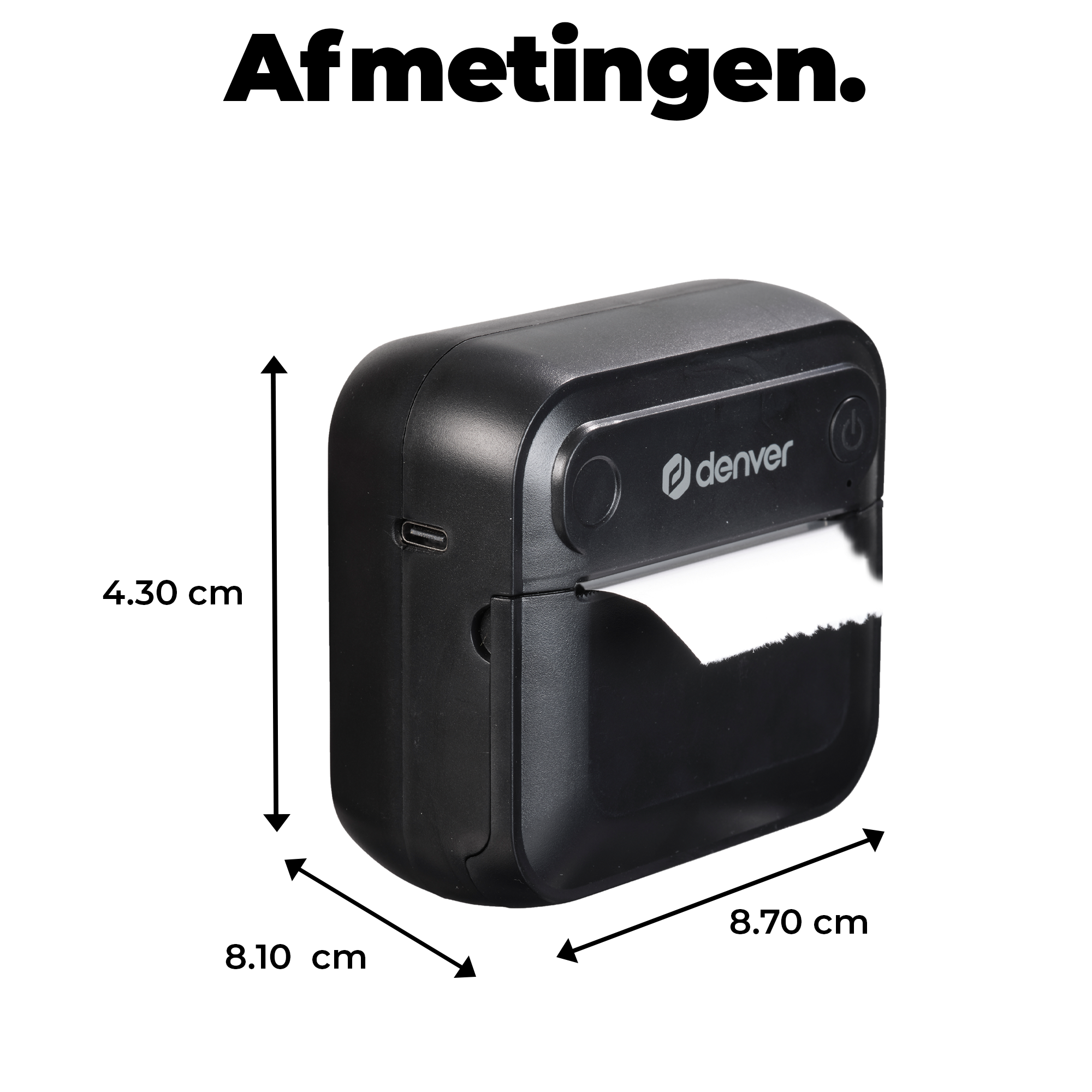 Black Denver printer with dimensions 4.30 cm, 8.10 cm, and 8.70 cm.