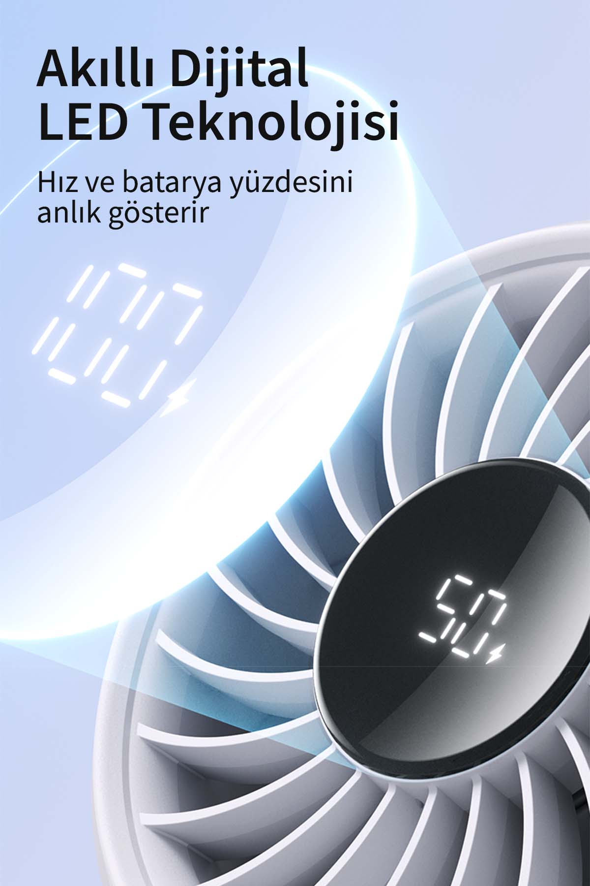 Hız ve pil yüzdesini gösteren dijital LED ekranlı bir vantilatör.