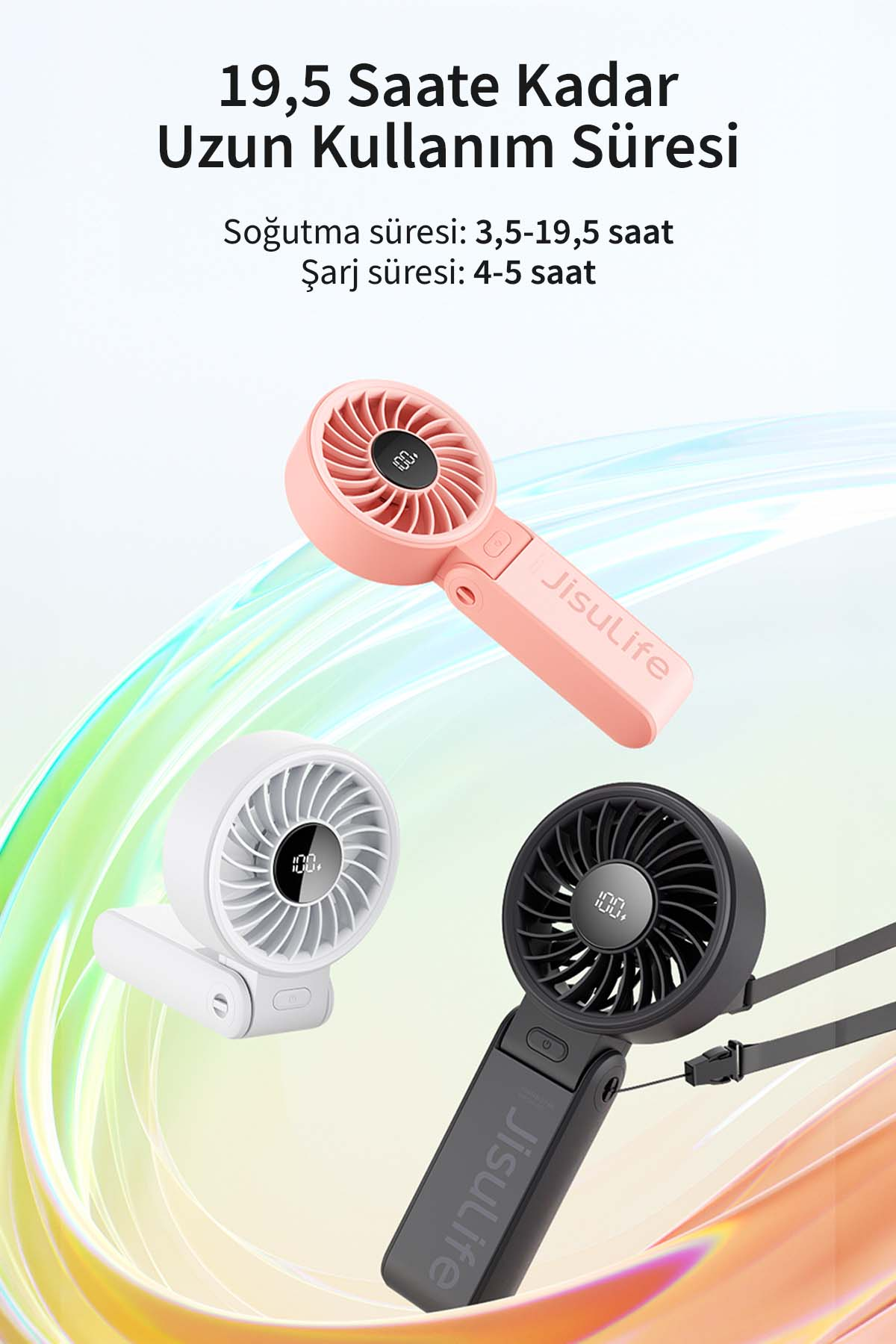 Pembe, beyaz ve siyah Jisulife fanları dijital göstergelerle.