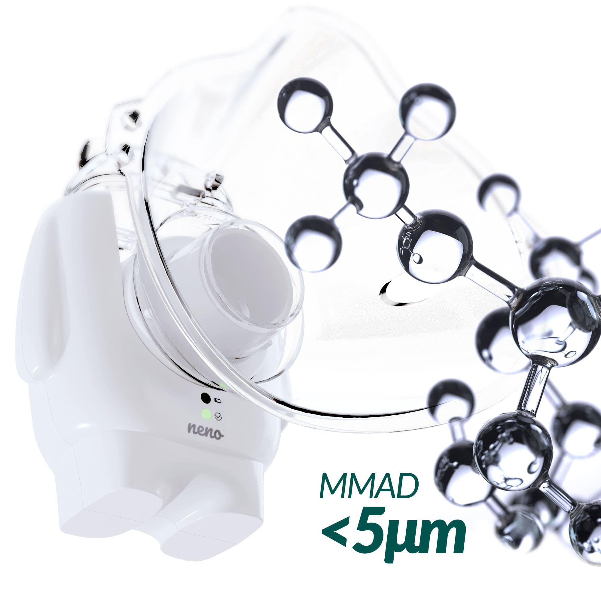 Białe urządzenie do nebulizacji ze strukturą molekularną i tekstem MMAD <lt/>5µm.