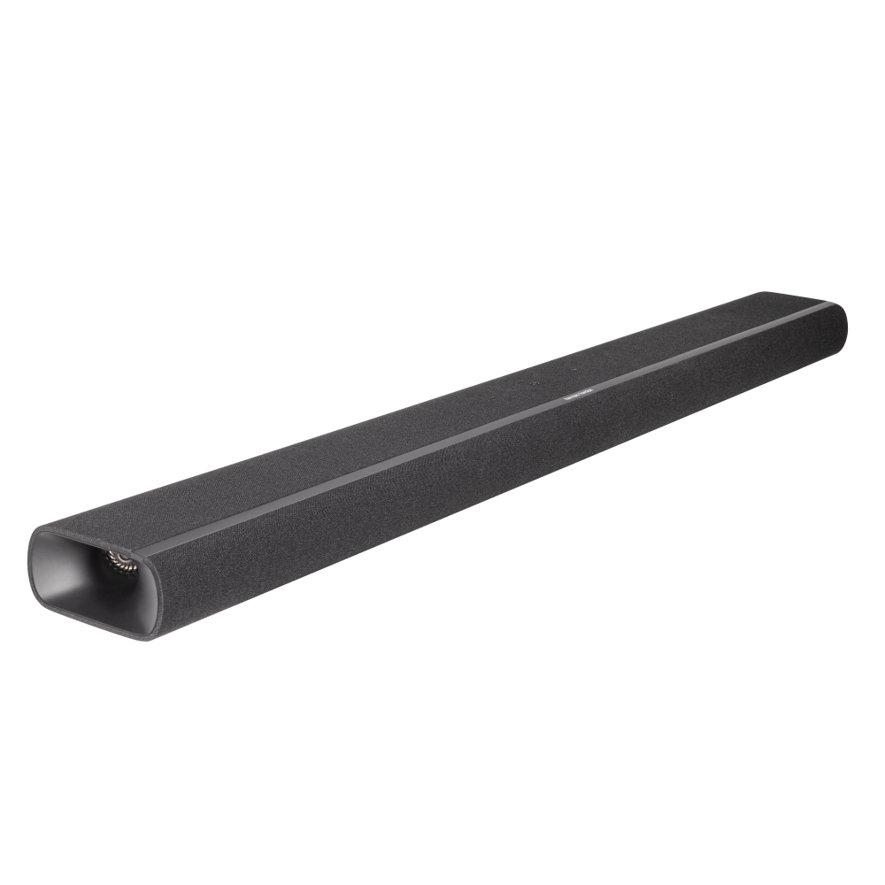 Czarny, smukły soundbar z tkaniną i srebrnym paskiem.