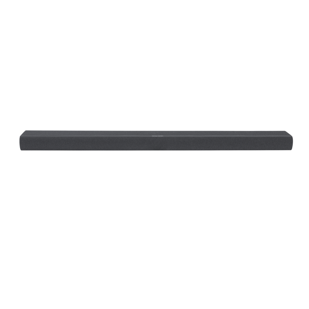 Elegancki, ciemny soundbar wyświetlany na białym tle.