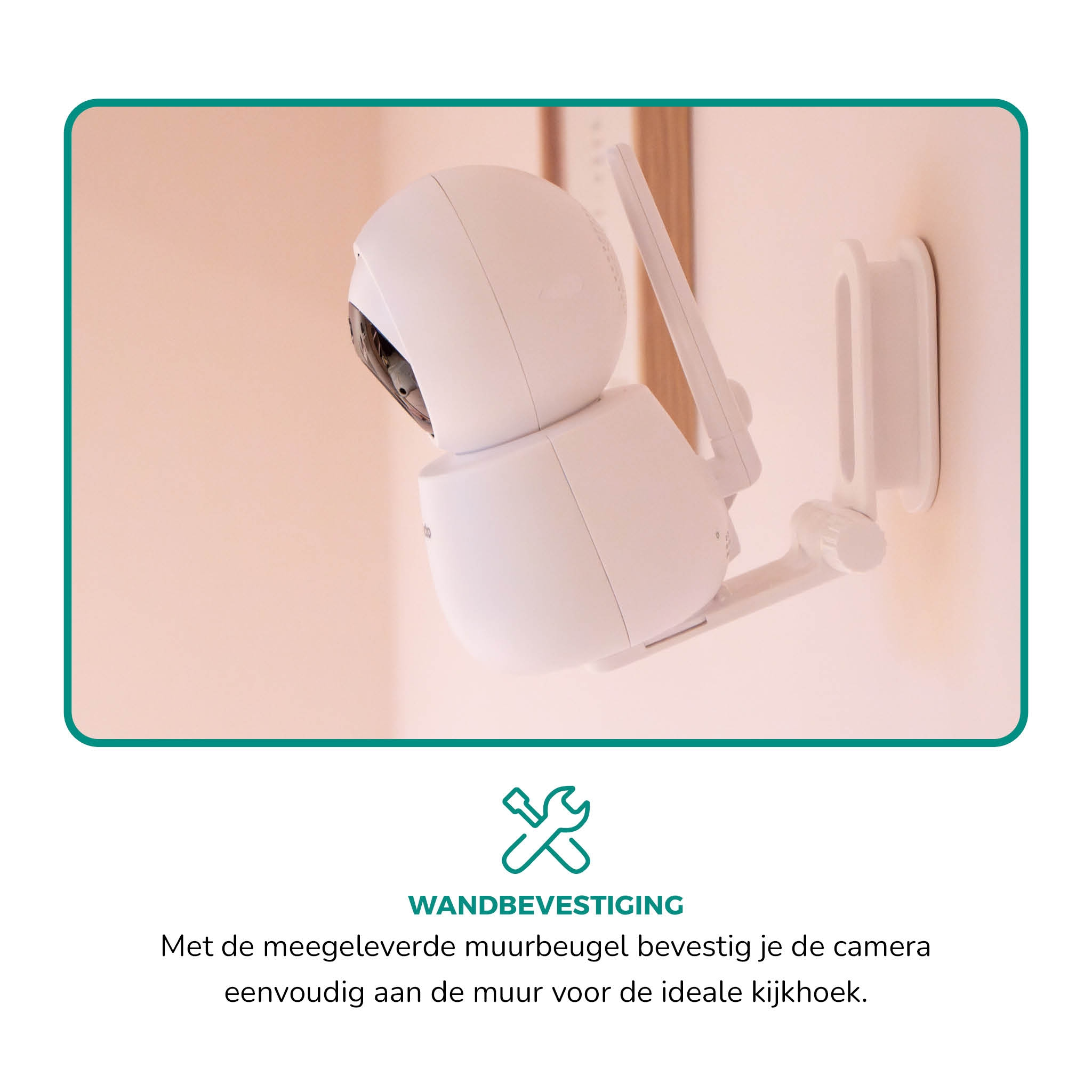 A white pan-tilt camera is mounted to a wall bracket.