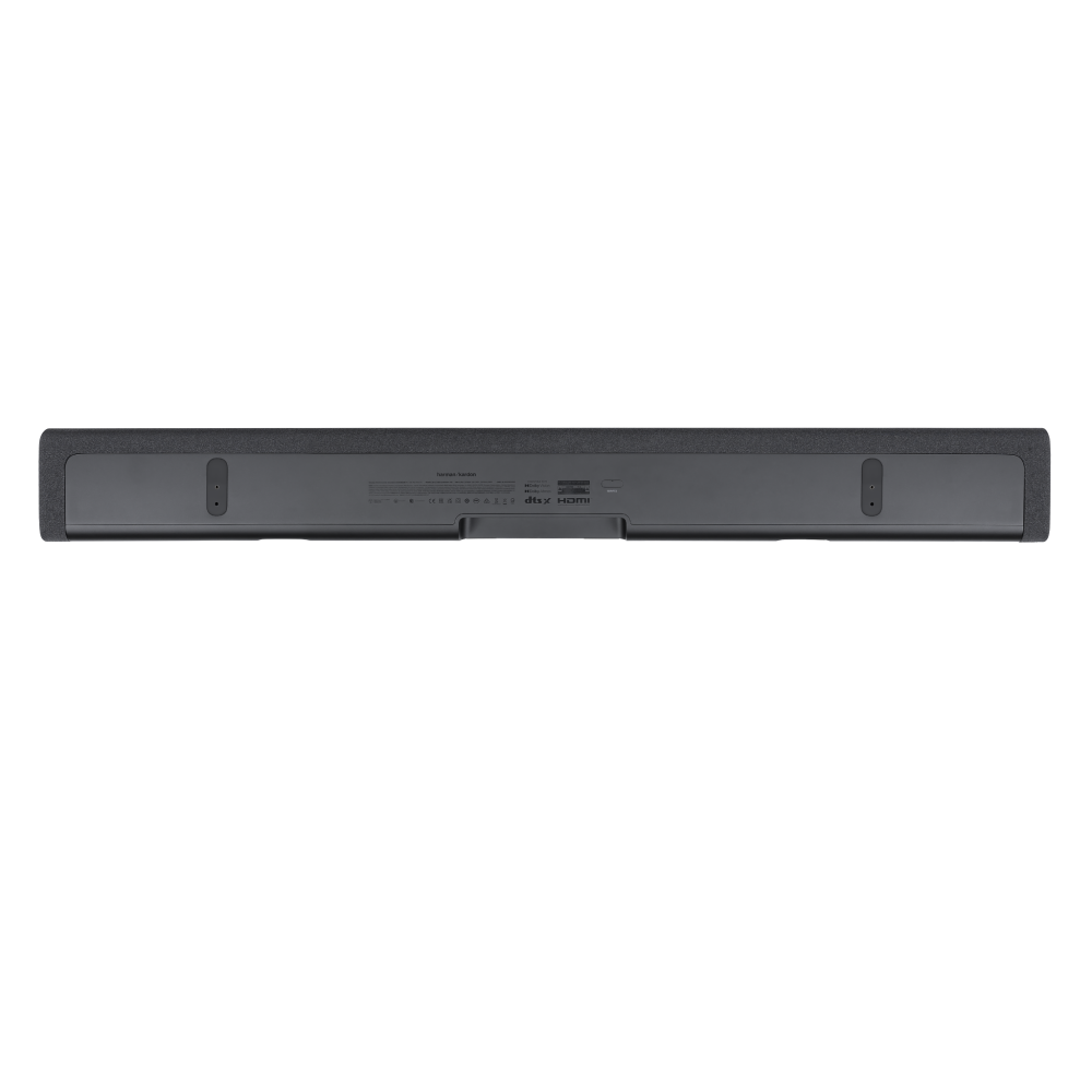 Tył ciemnego soundbara z portami i logo, w tym HDMI.