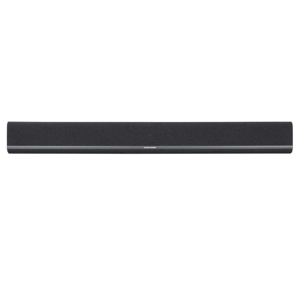 Ciemna listwa dźwiękowa z srebrnym paskiem i logo Harman Kardon.
