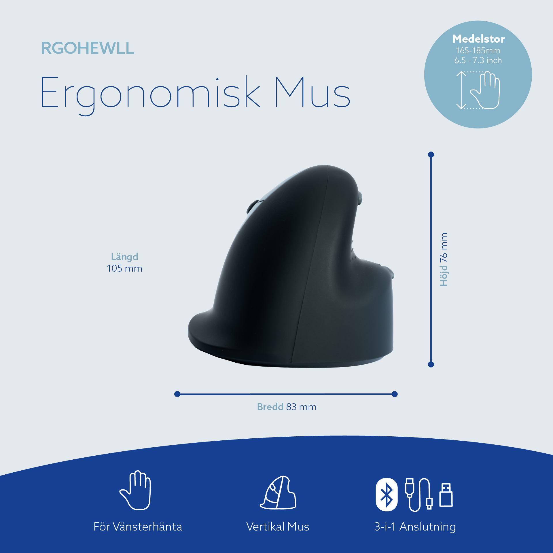 Zwarte verticale muis met afmetingen L 105mm, B 83mm, H 76mm. Voor linkshandigen.