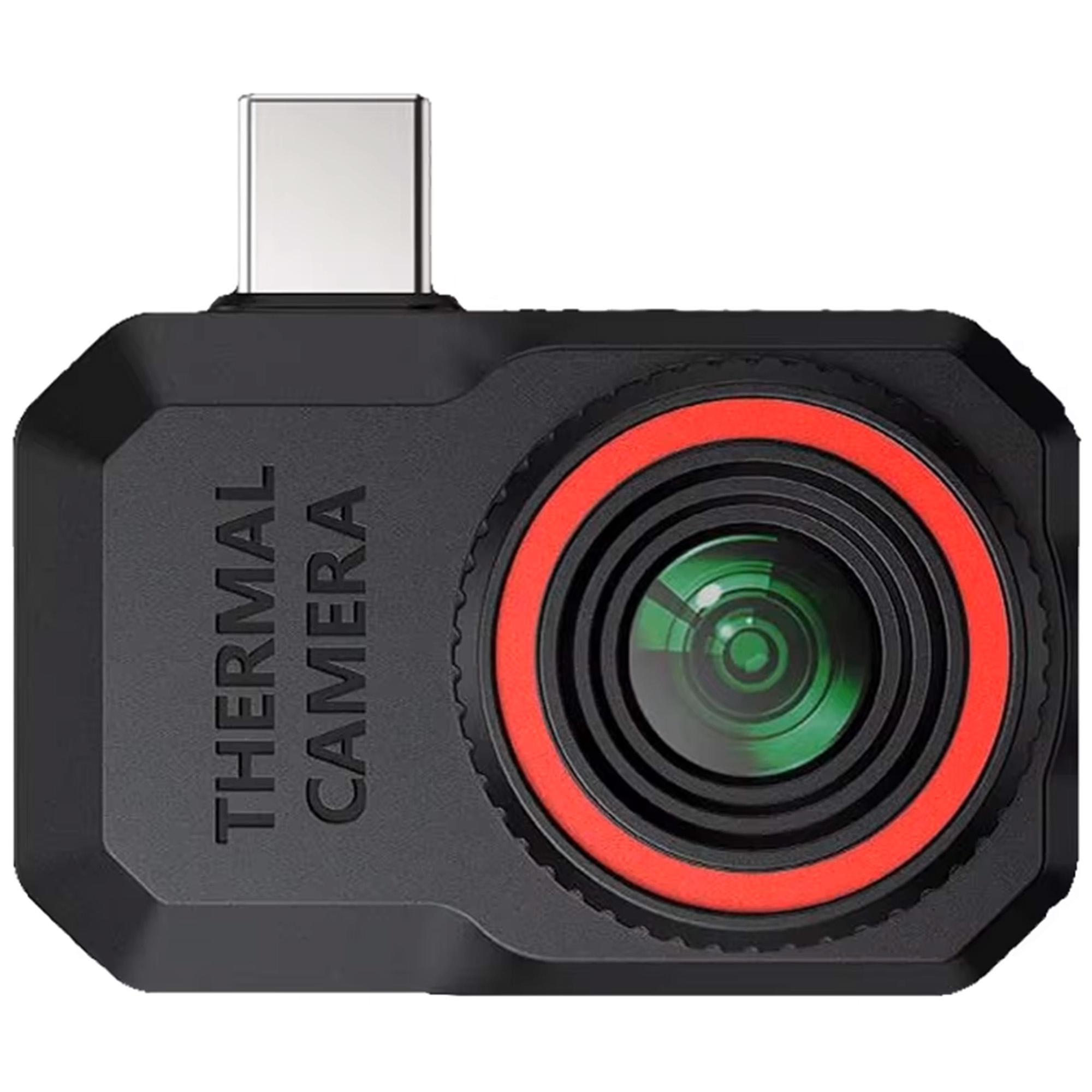 Kompaktowa czarna kamera termowizyjna z czerwonym pierścieniem i złączem USB-C.
