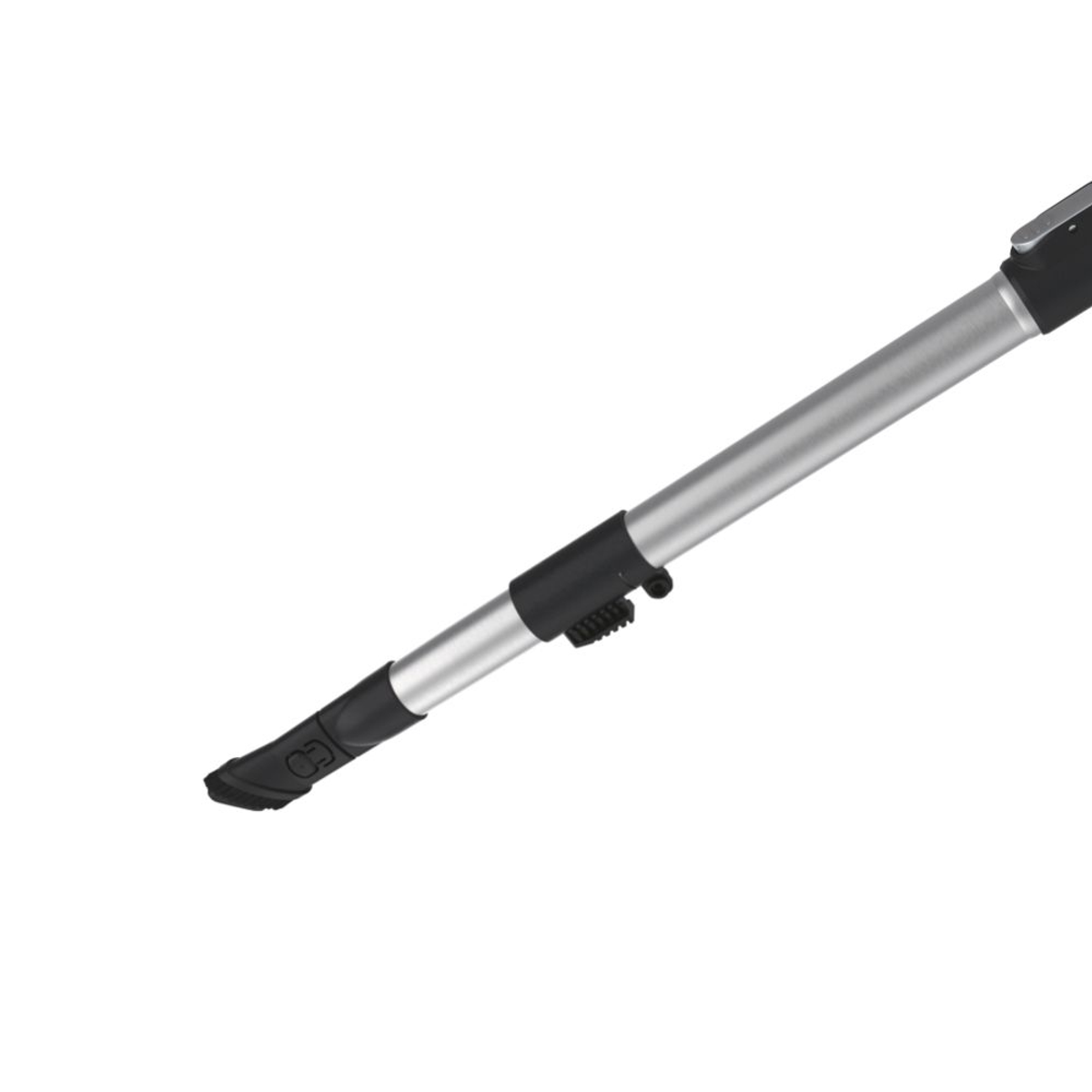 Tubo di prolunga argento per aspirapolvere con accessori neri su bianco.