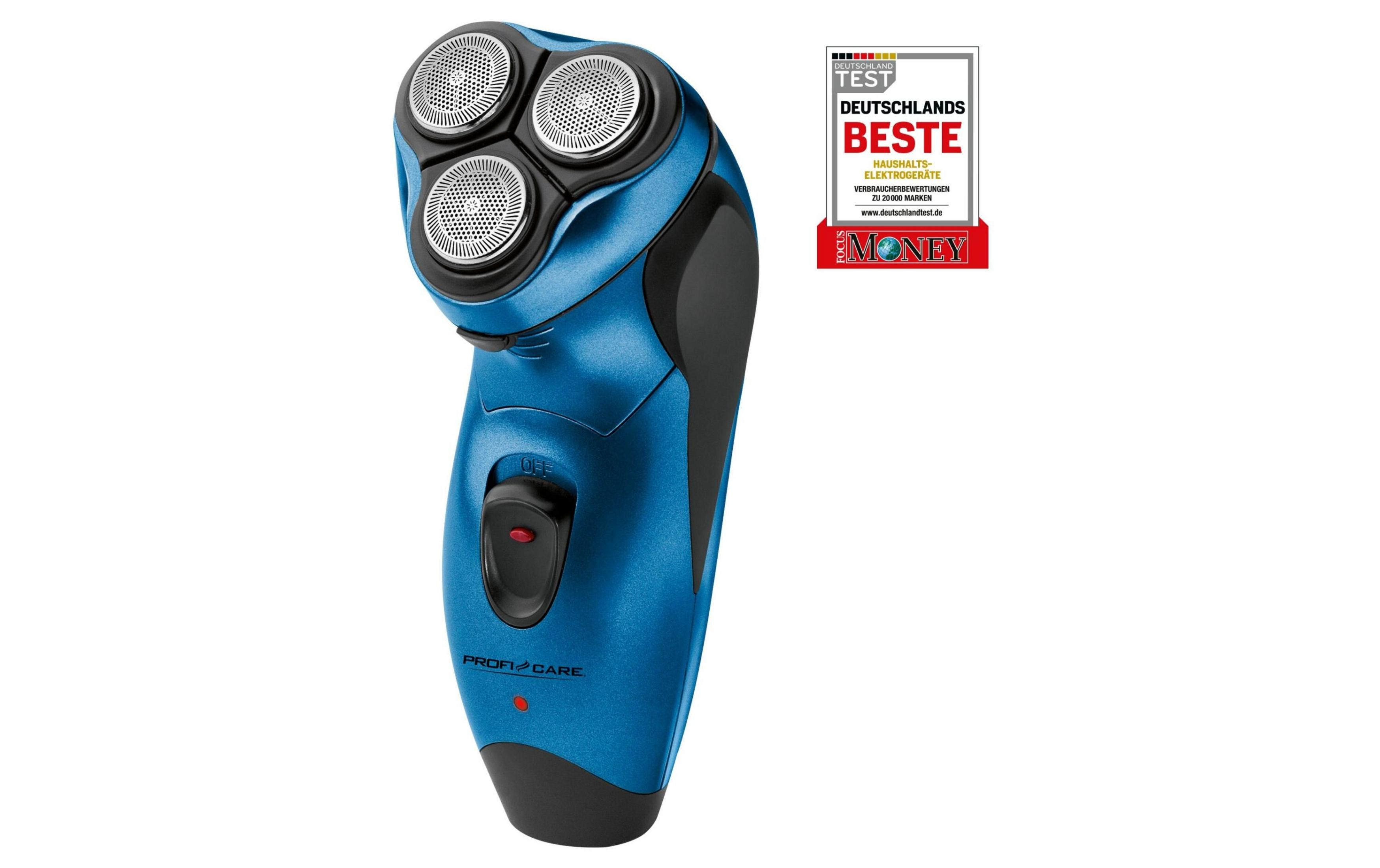 Ein blauer Elektrorasierer mit drei Scherköpfen und einem schwarzen Griff.