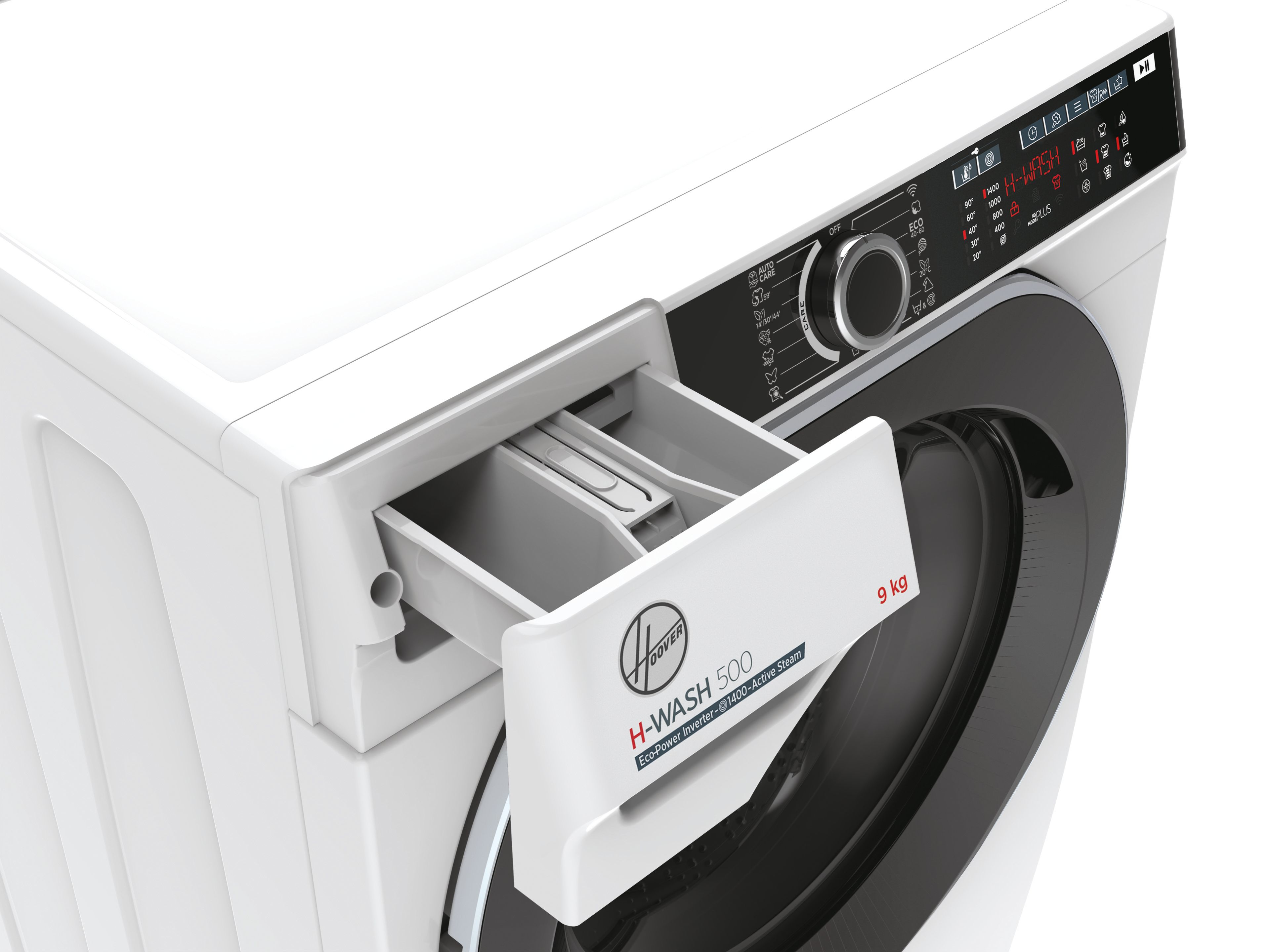 Eine weiße Waschmaschine mit geöffnetem Waschmittelschubfach und Bedienfeld.