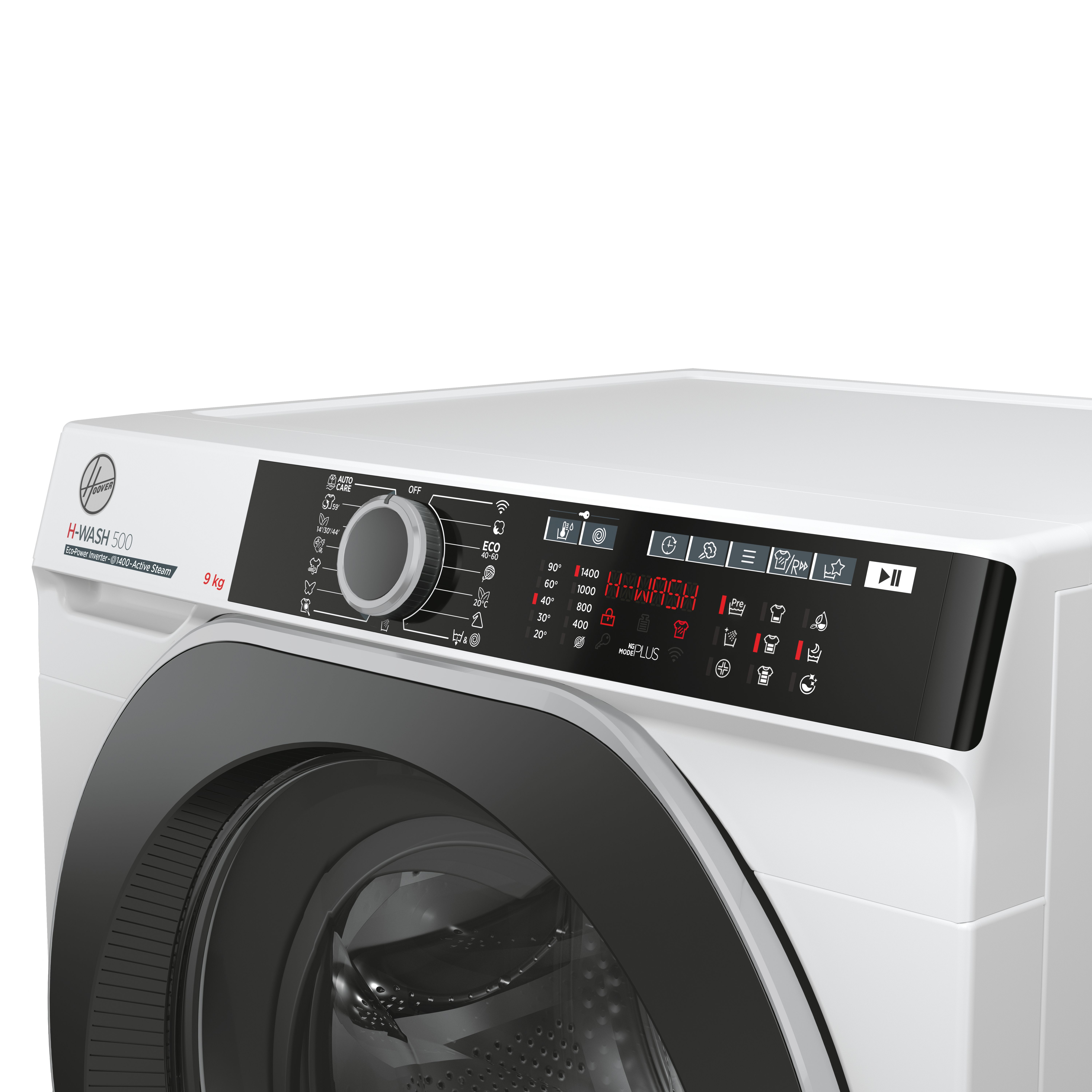 Weiße Waschmaschine mit schwarzem Bedienfeld und silbernem Drehknopf. H-WASH 500.