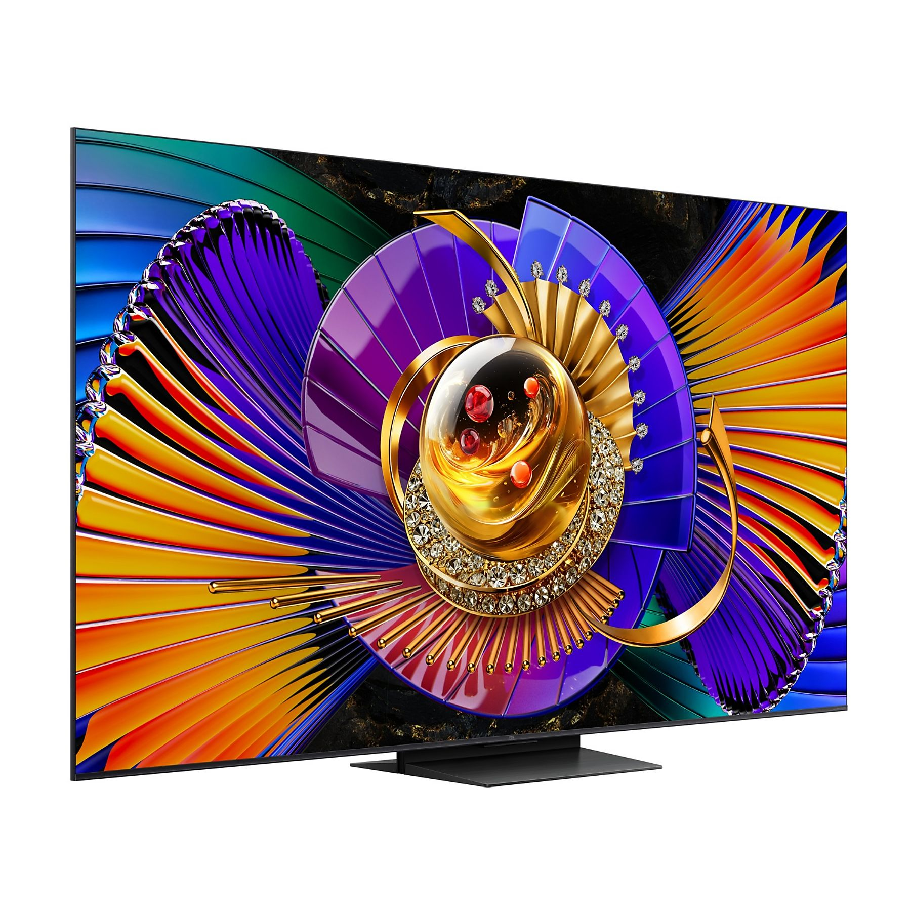 Un televisor moderno muestra un patrón abstracto colorido con acentos dorados.