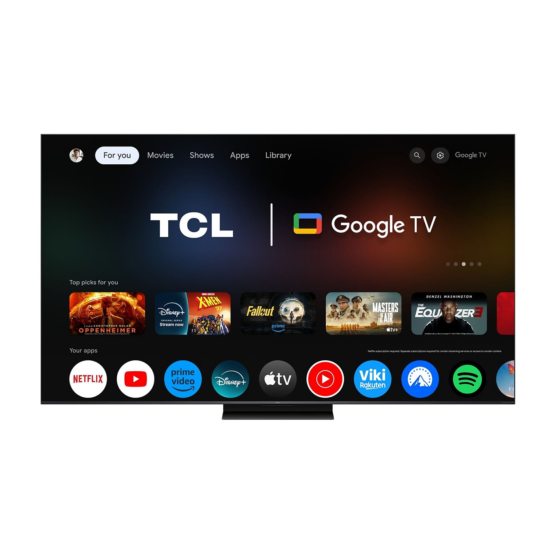 Una pantalla TCL Google TV muestra películas, series y apps como Netflix y Disney+.