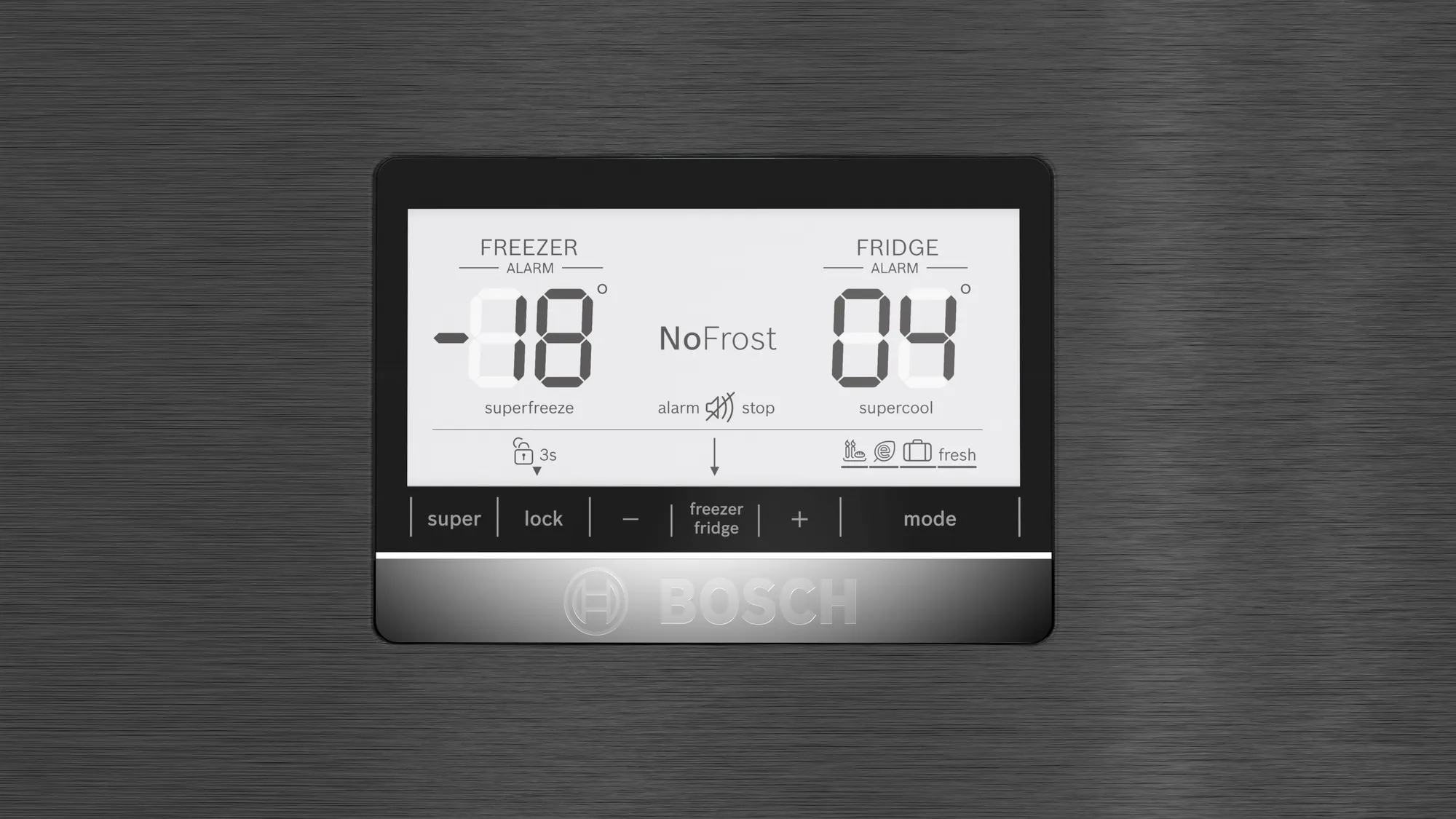 Digitale Anzeige eines Bosch-Kühlschranks mit -18°C im Gefrierfach und 4°C im Kühlschrank.
