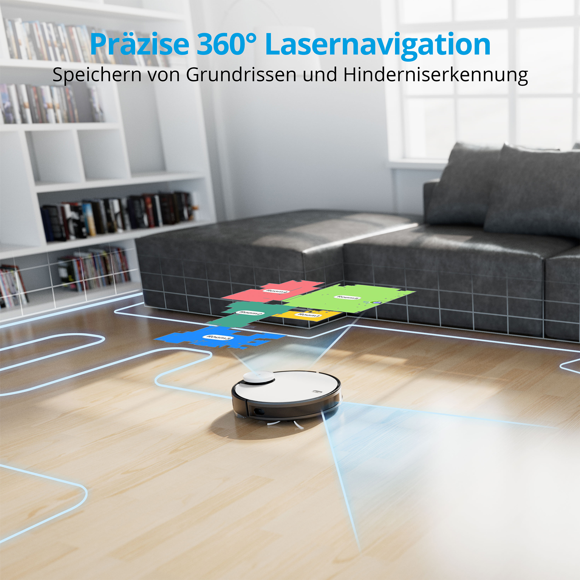 Ein Saugroboter navigiert mit Lasern durch ein Wohnzimmer mit virtuellen Raumkarten.
