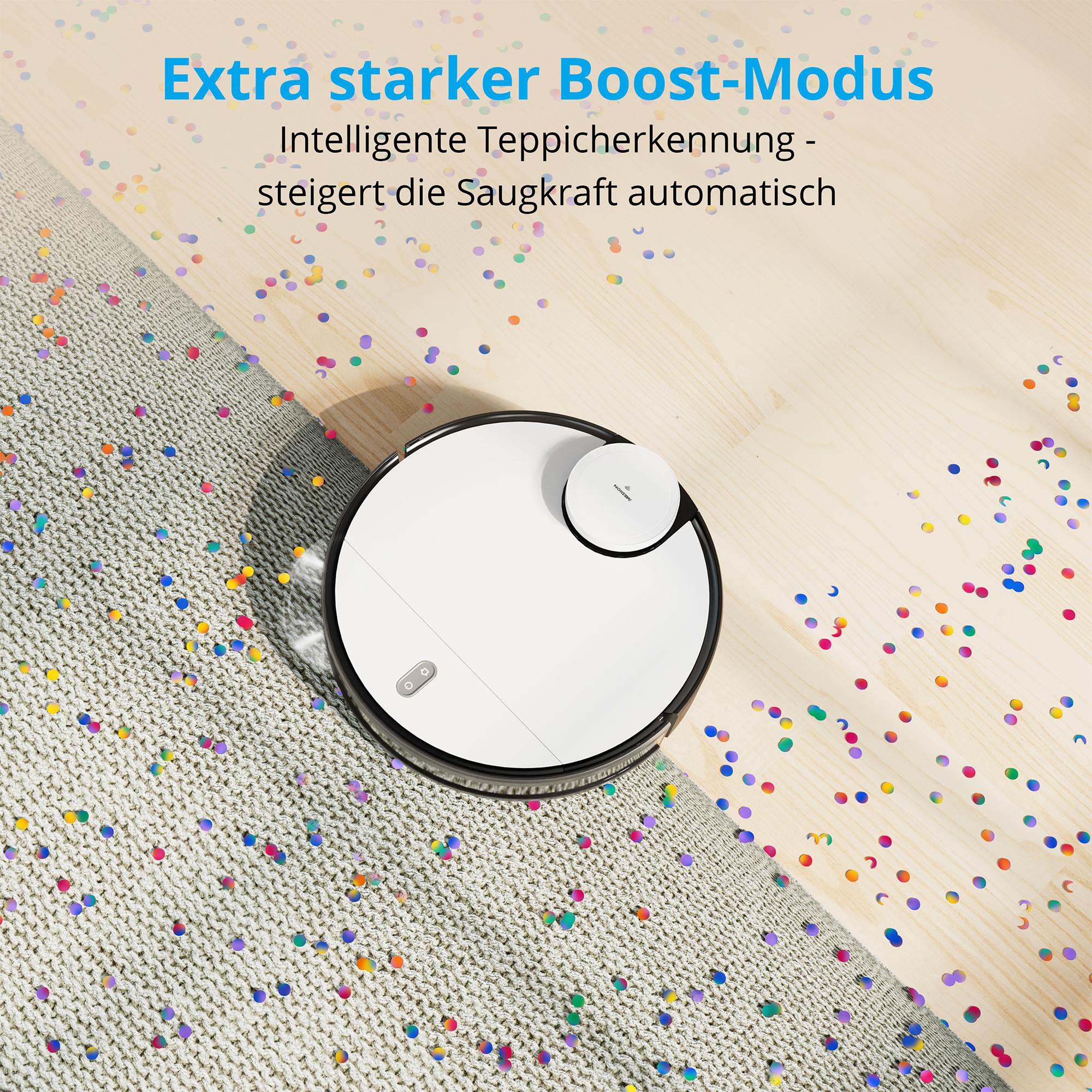 Ein weißer Saugroboter auf einem Teppich mit buntem Konfetti.