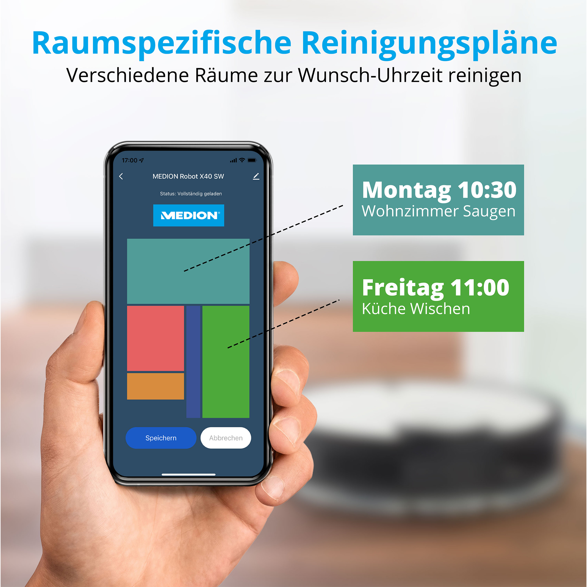 App zeigt Reinigungspläne für Saugroboter: Montag 10:30 Wohnzimmer, Freitag 11:00 Küche.