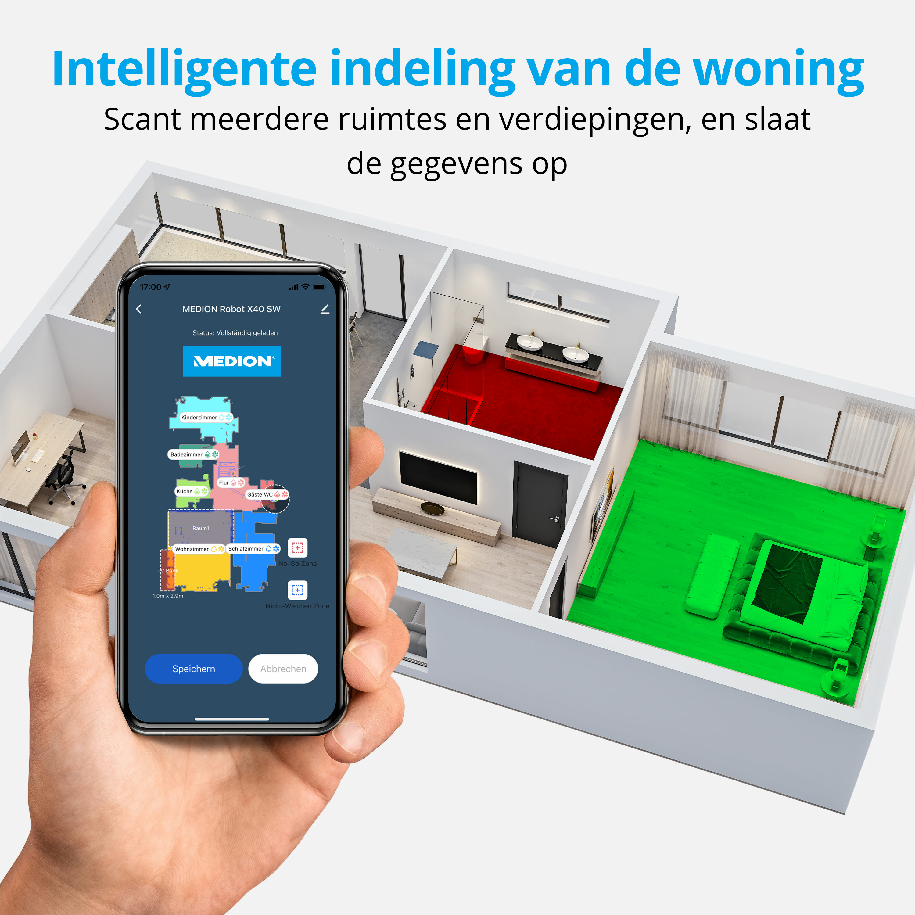 Smartphone zeigt Grundriss mit Räumen und Ladezustand eines Saugroboters.