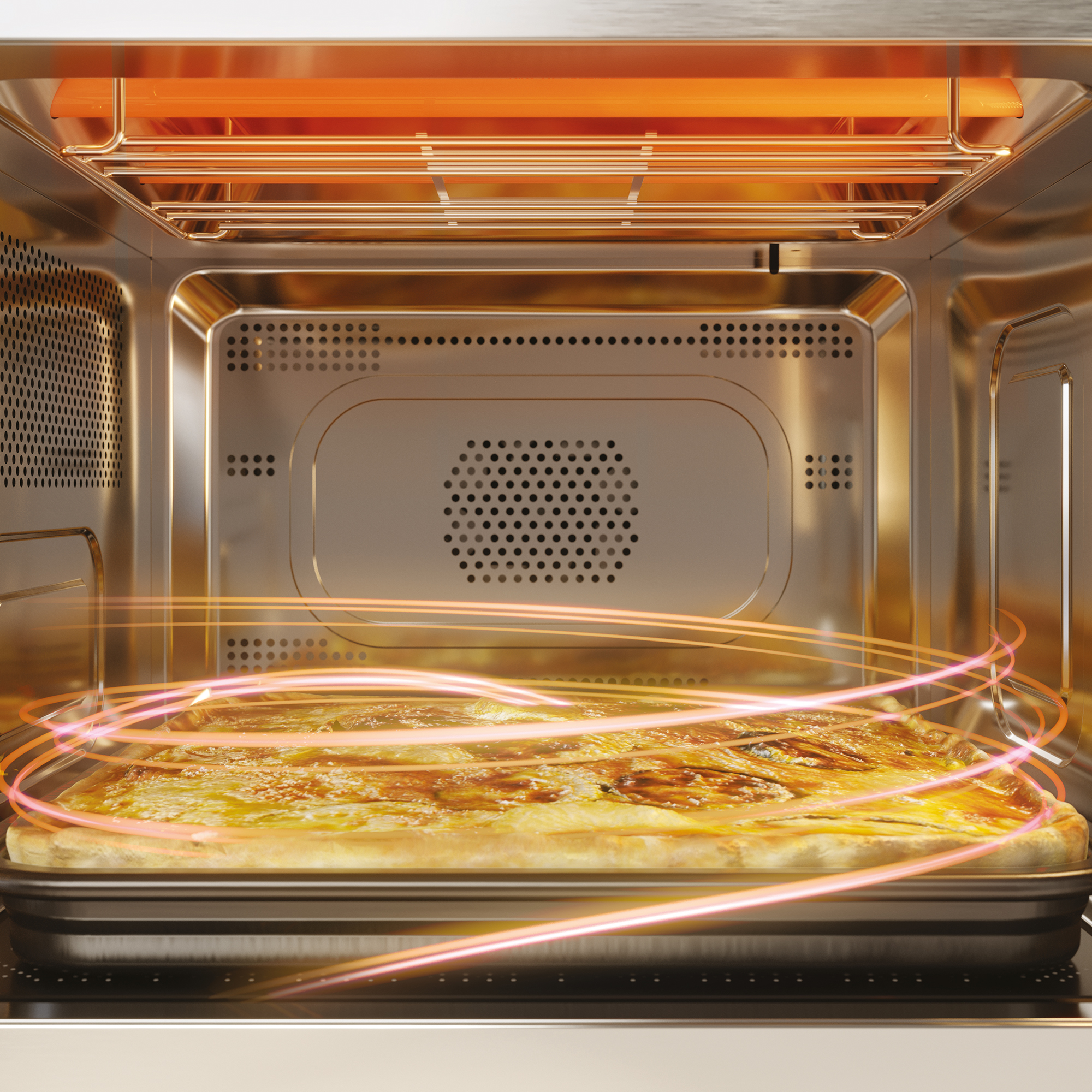 Un pastel dorado en un microondas con elementos calefactores brillantes y efectos de energía.
