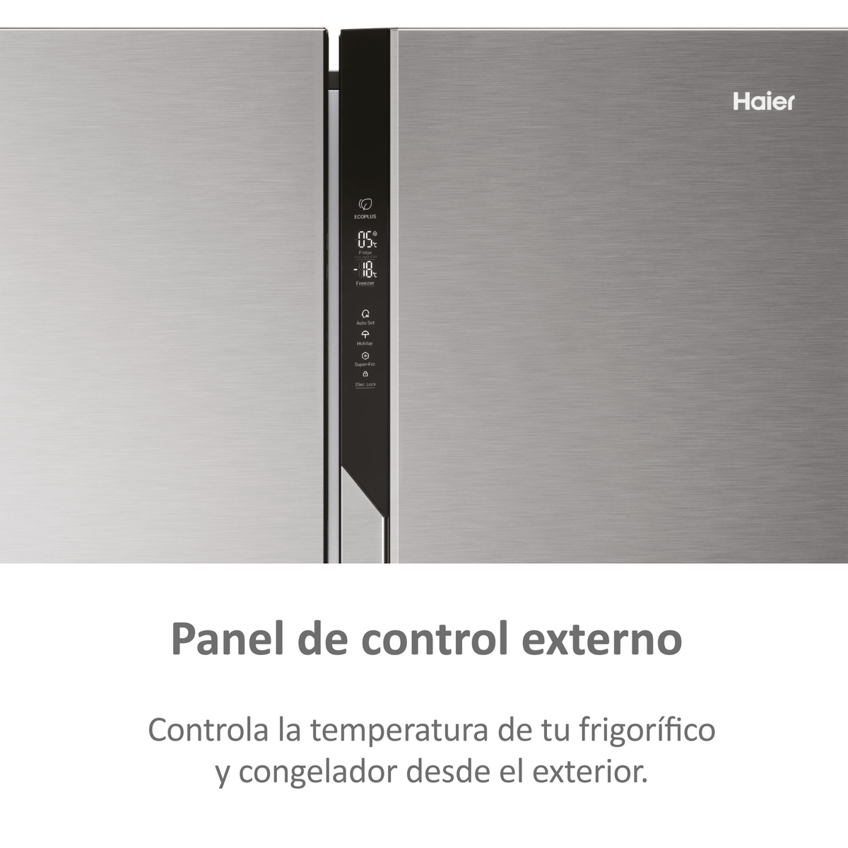 Haier Kühlschrank mit digitalem Bedienfeld zeigt 5°C für den Kühlschrank und -18°C für den Gefrierschrank.