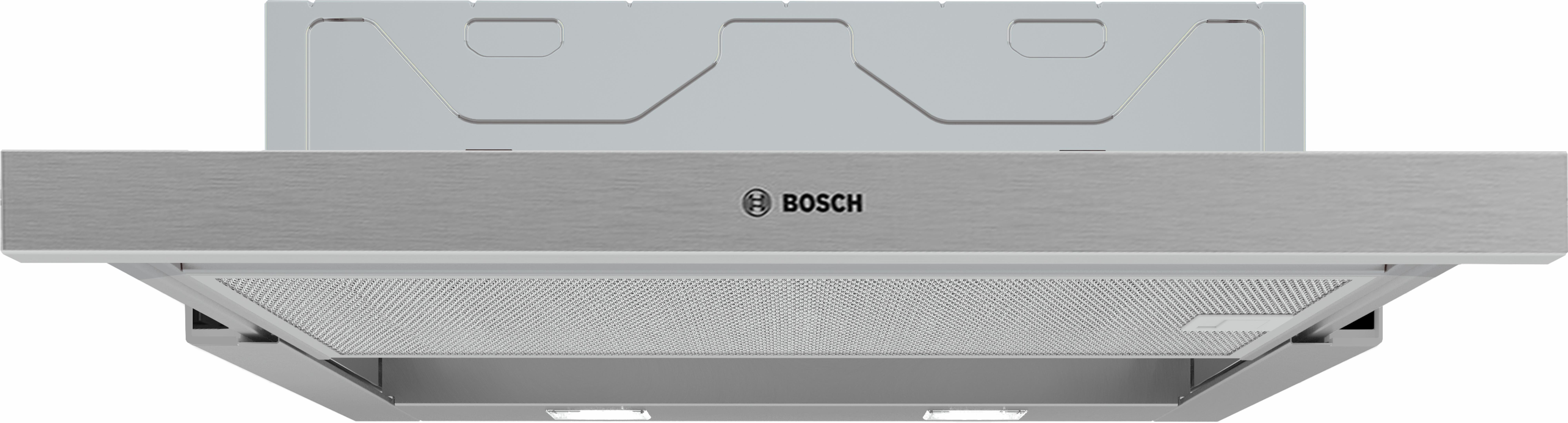 Srebrny okap kuchenny z logo Bosch i oświetleniem pod spodem.