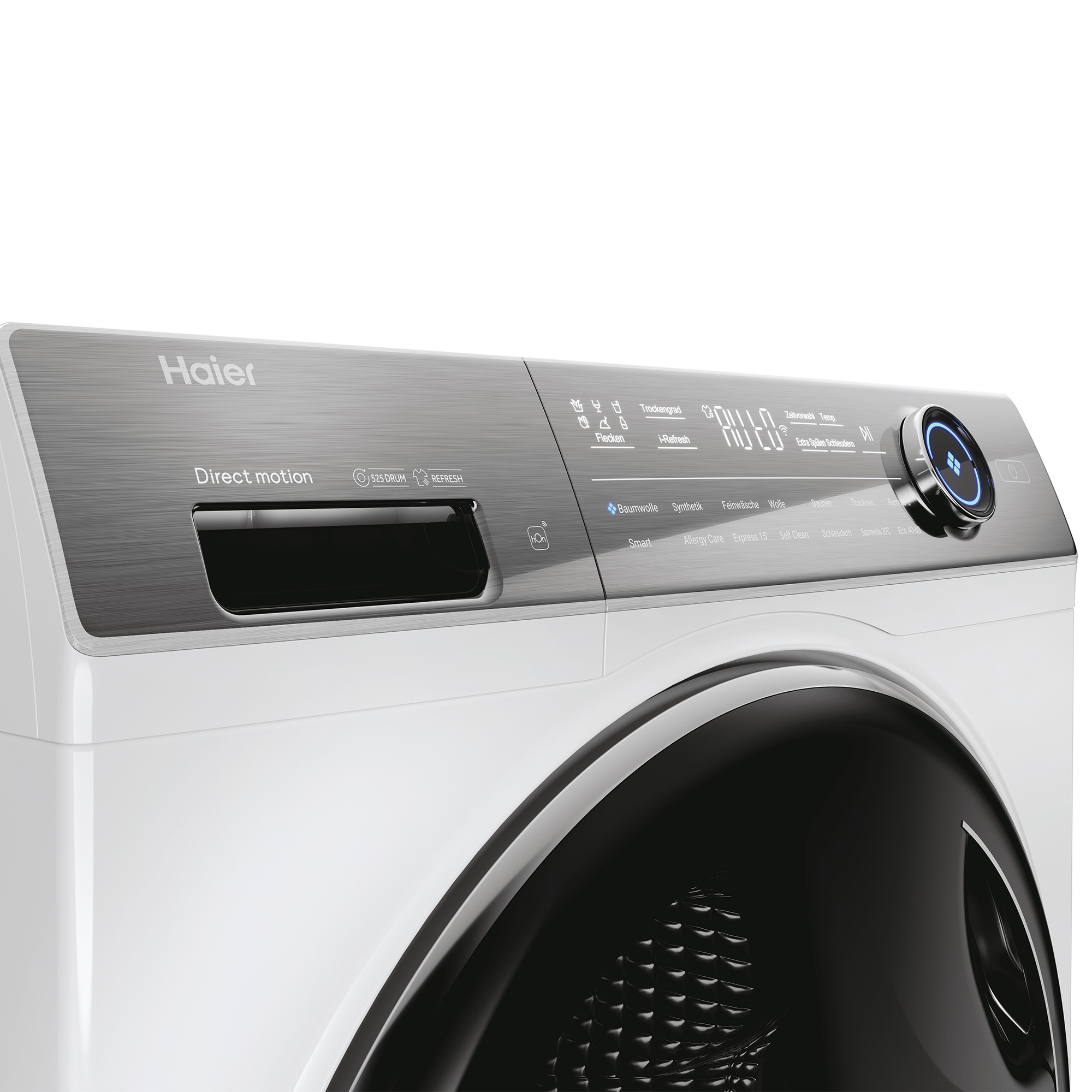 Nahaufnahme einer modernen weißen Haier-Waschmaschine mit gebürstetem Metall-Bedienfeld.