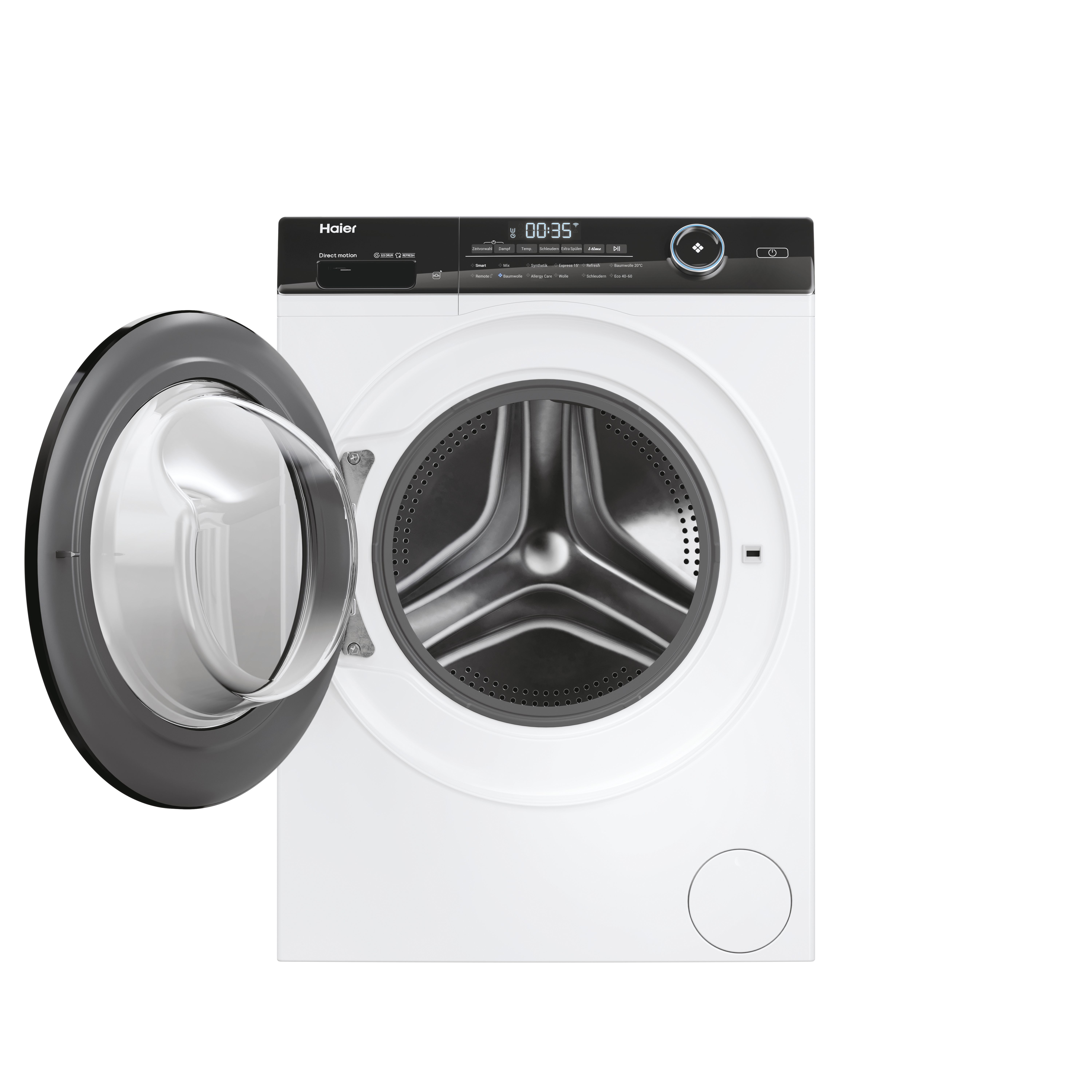 Eine weiße Haier Waschmaschine mit geöffneter Tür und digitaler Anzeige.