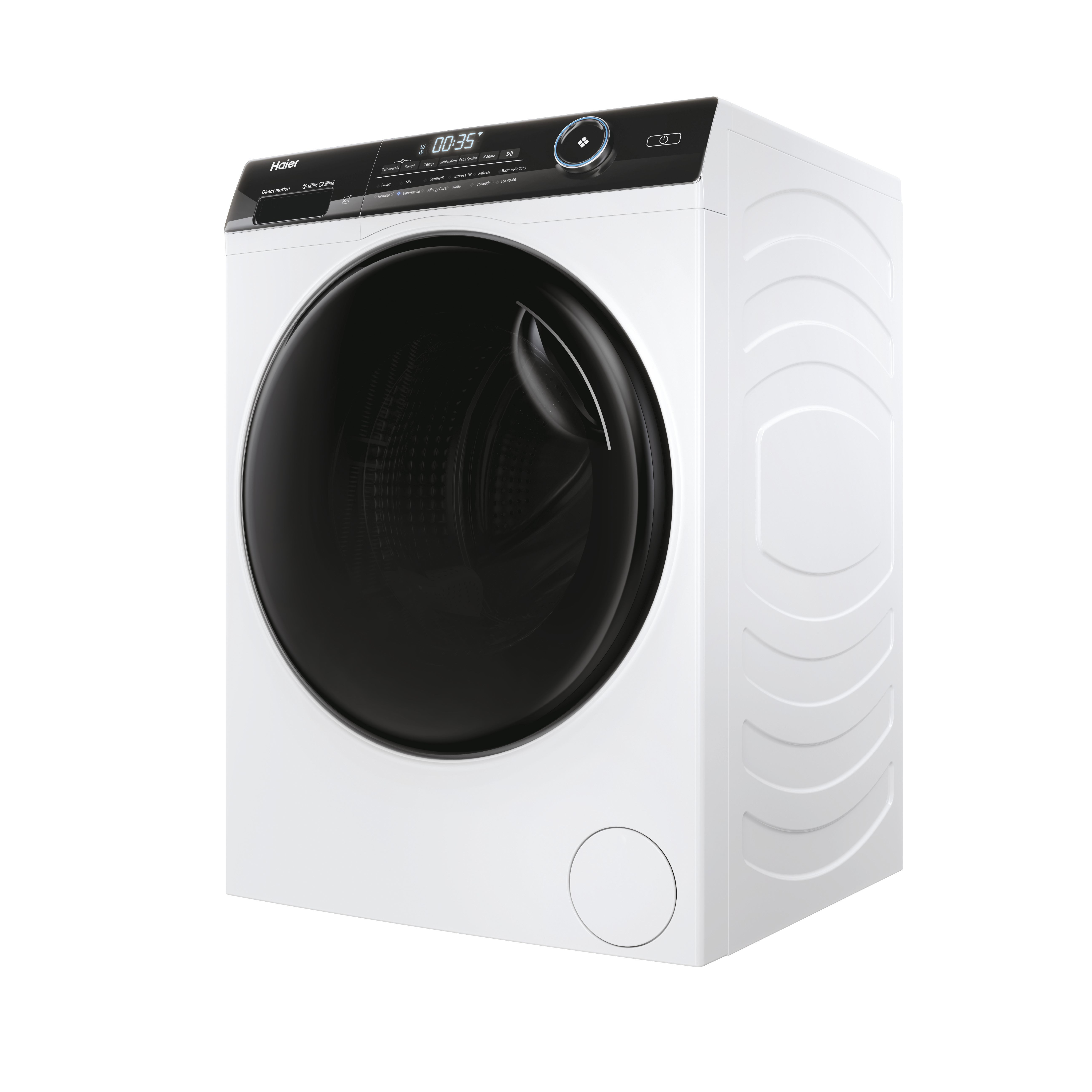 Eine weiße Haier Waschmaschine mit schwarzer Tür und Bedienfeld.