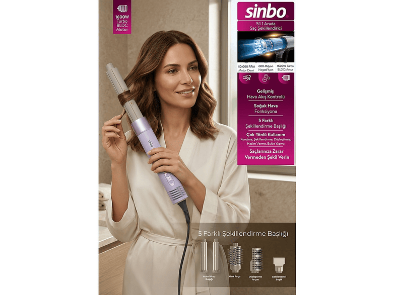 SINBO SHD-1760 5'ü 1 Arada BLDC Motor 110000 RPM Negatif İyon Saç Şekillendirici Mor