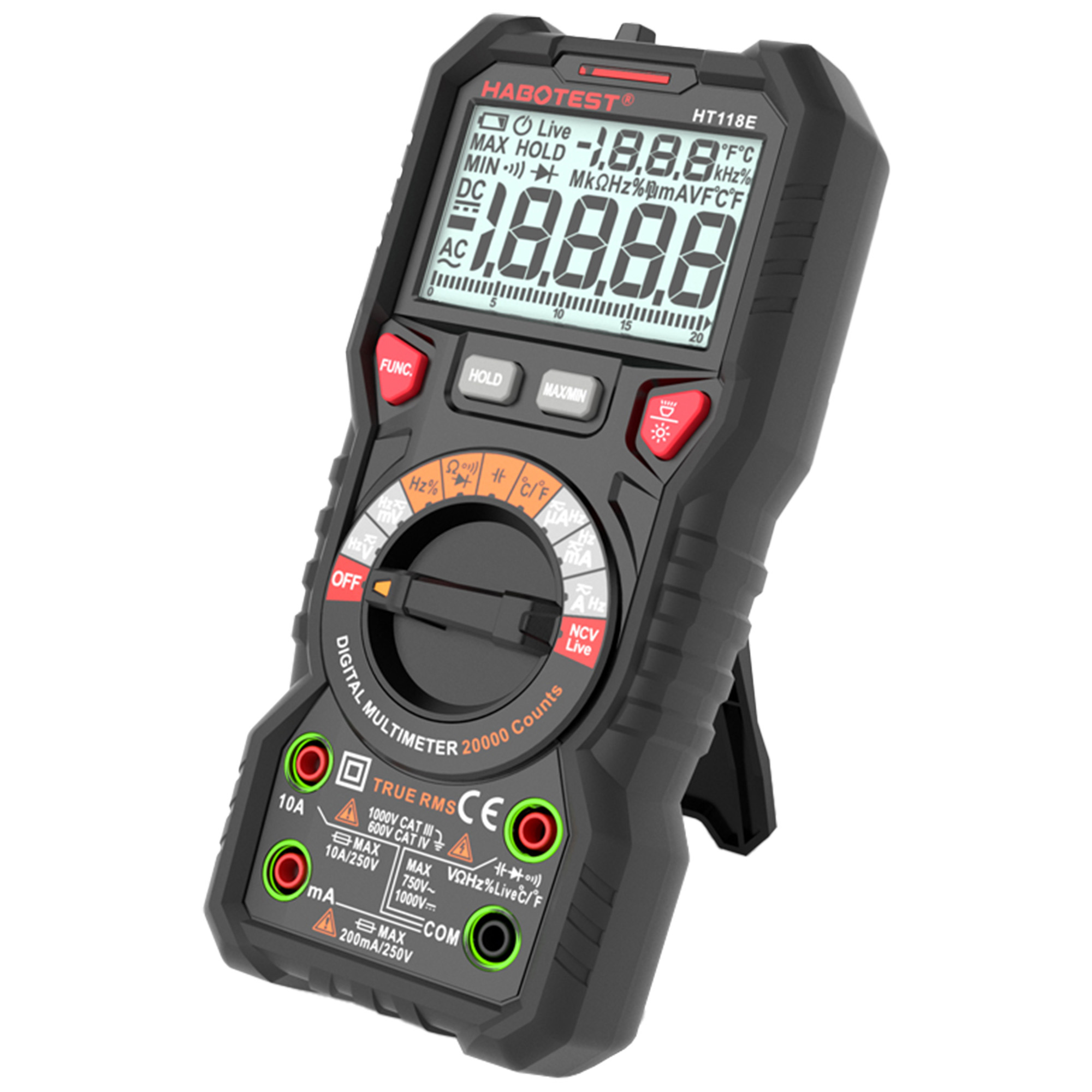 Czarny multimetr cyfrowy Habotest HT118E z podstawką i wyświetlaczem LCD.
