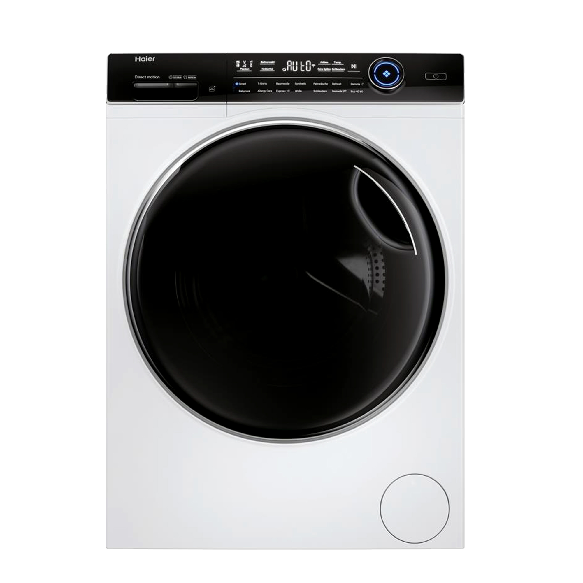 Eine weiße Haier Waschmaschine mit schwarzer Tür und digitalem Bedienfeld.
