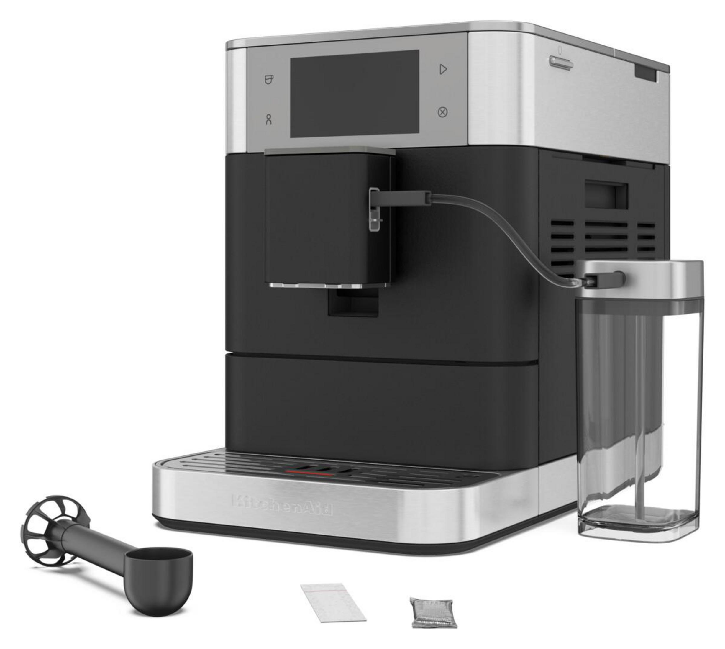 Een zwarte en zilveren koffiemachine met een watertank en een schep.