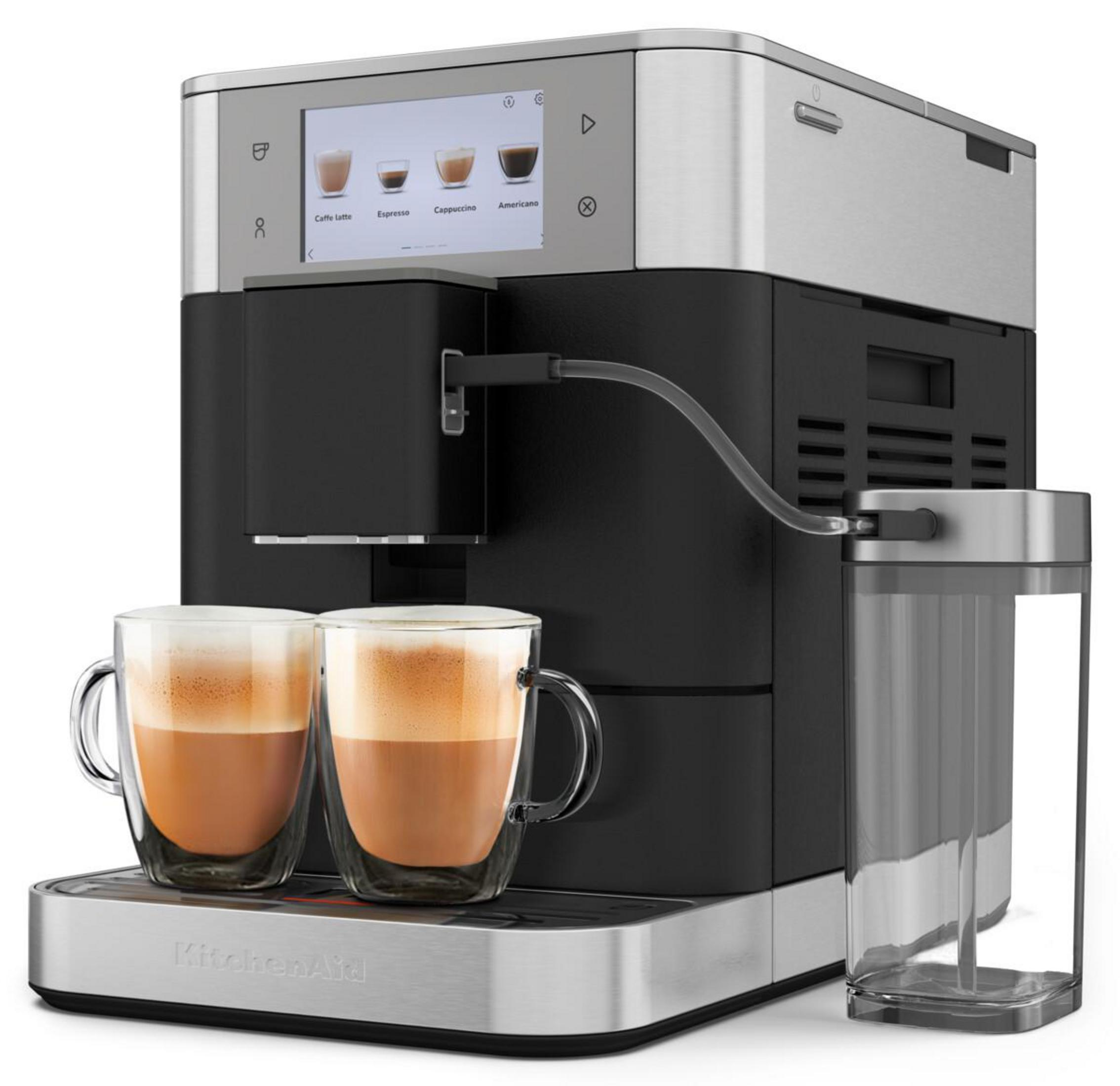 Een koffiezetapparaat met twee gevulde glazen en een watertank.