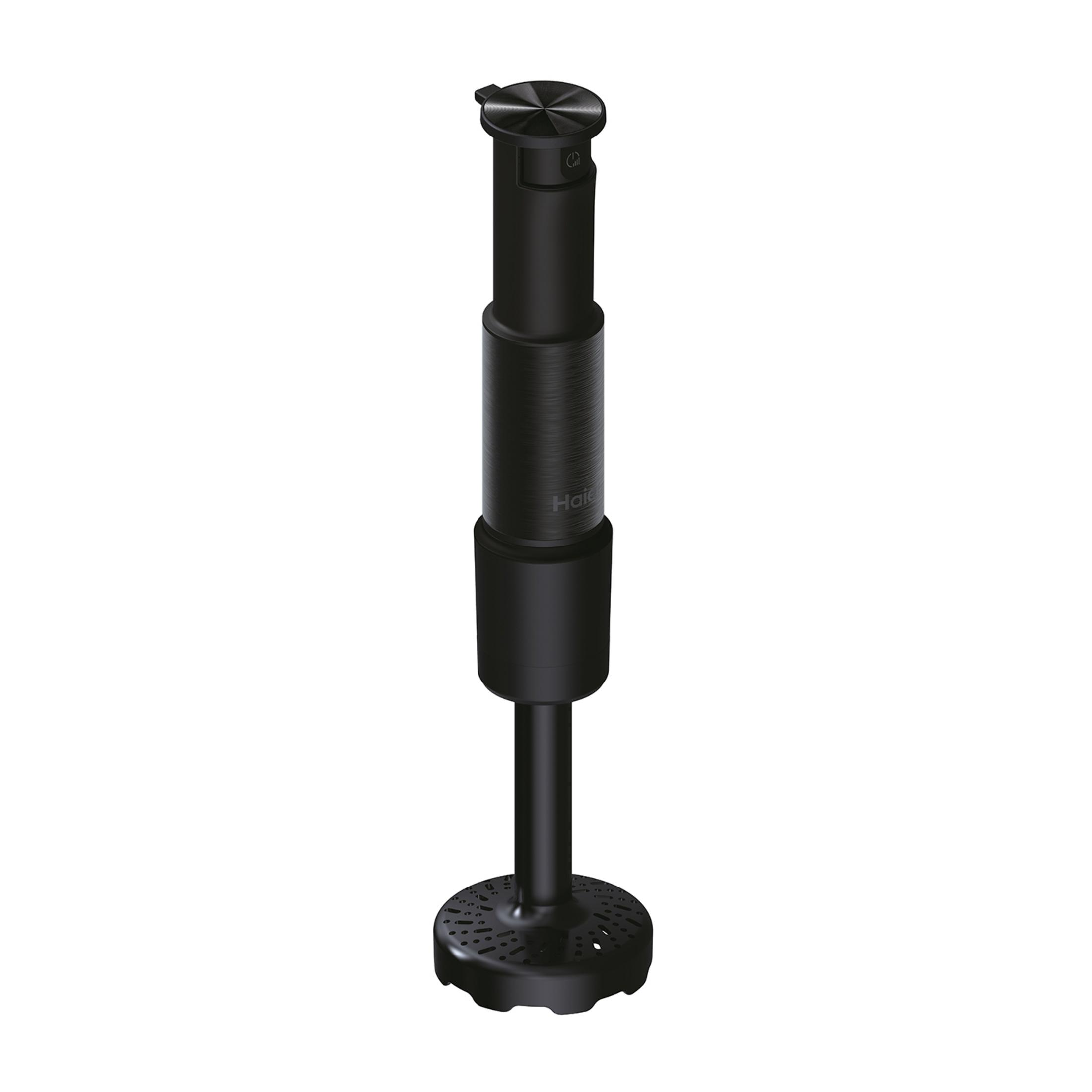 Black immersion blender with a textured grip and a rounded blade guard.