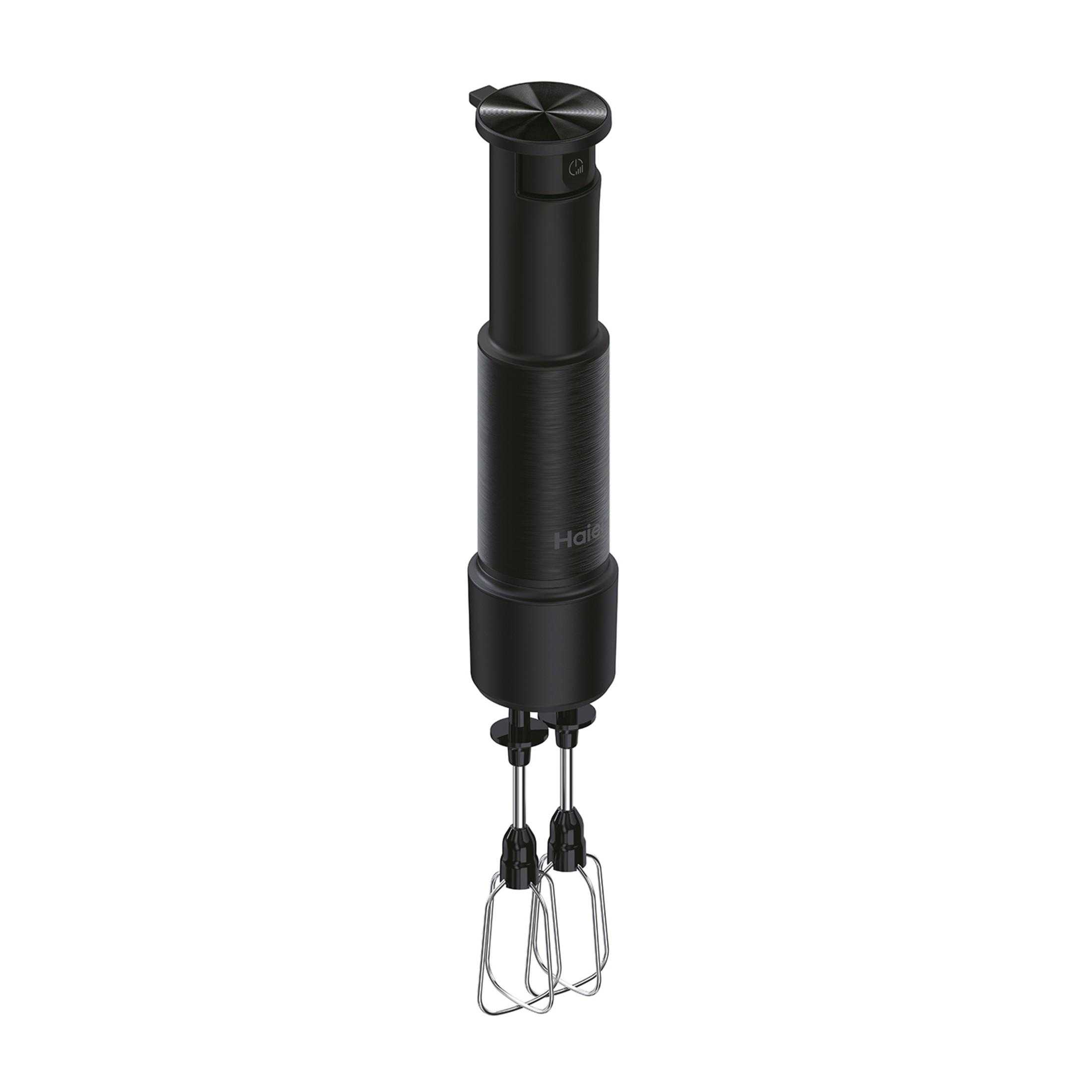 Black hand mixer with two beaters and a brushed metal body.