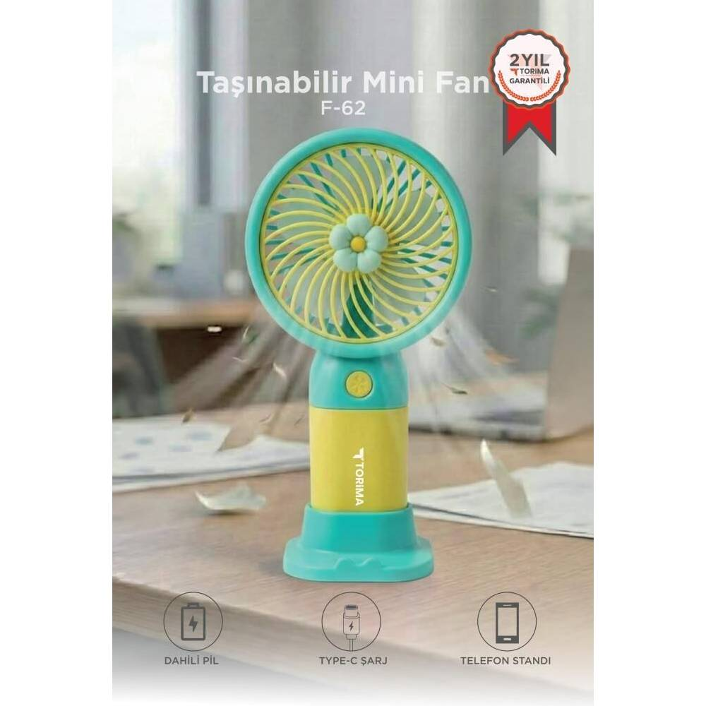 Kanatlarında çiçek deseni olan, turkuaz ve sarı renkli taşınabilir mini vantilatör.