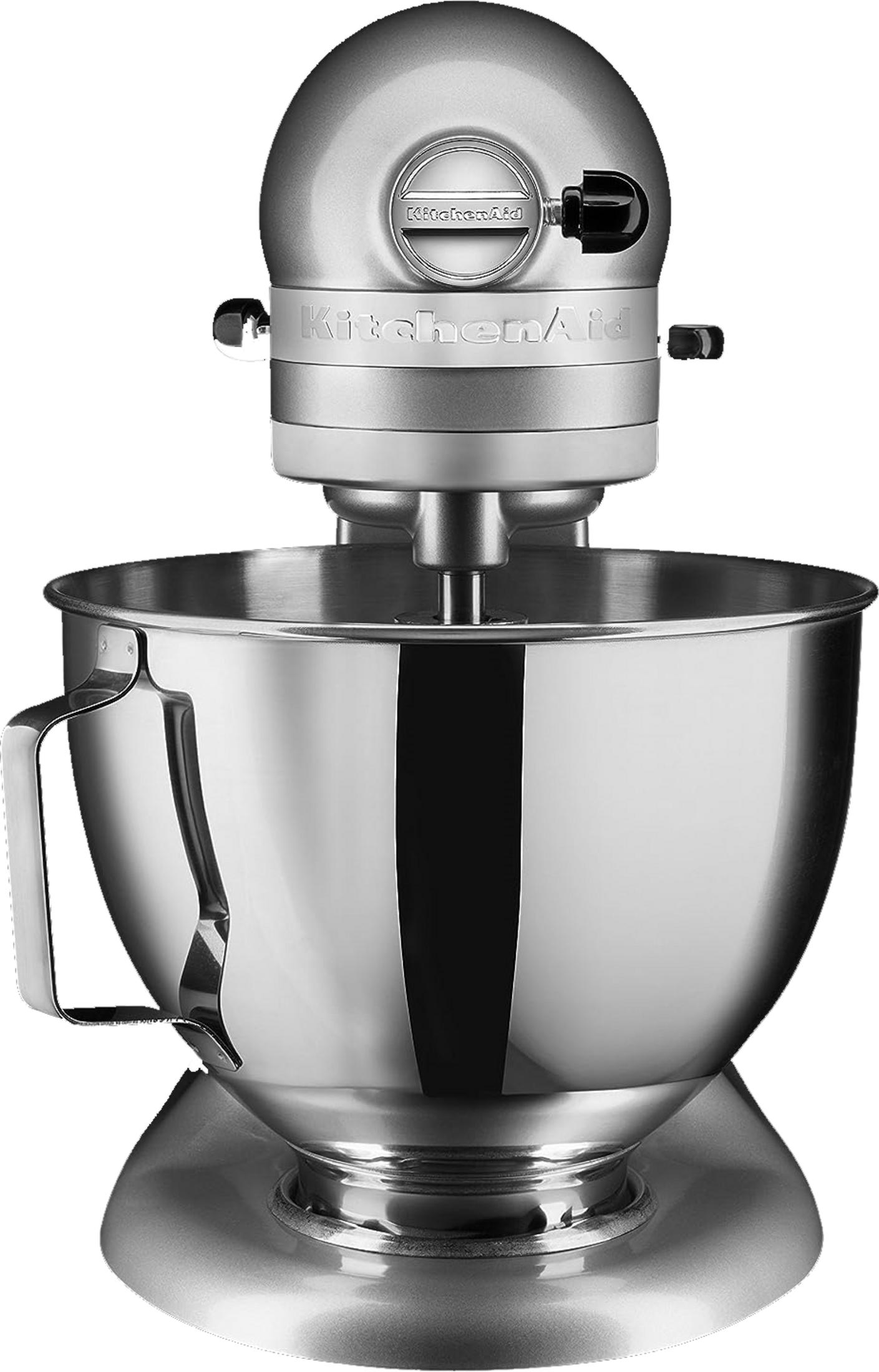 Ein silberner KitchenAid Standmixer mit Edelstahlschüssel.