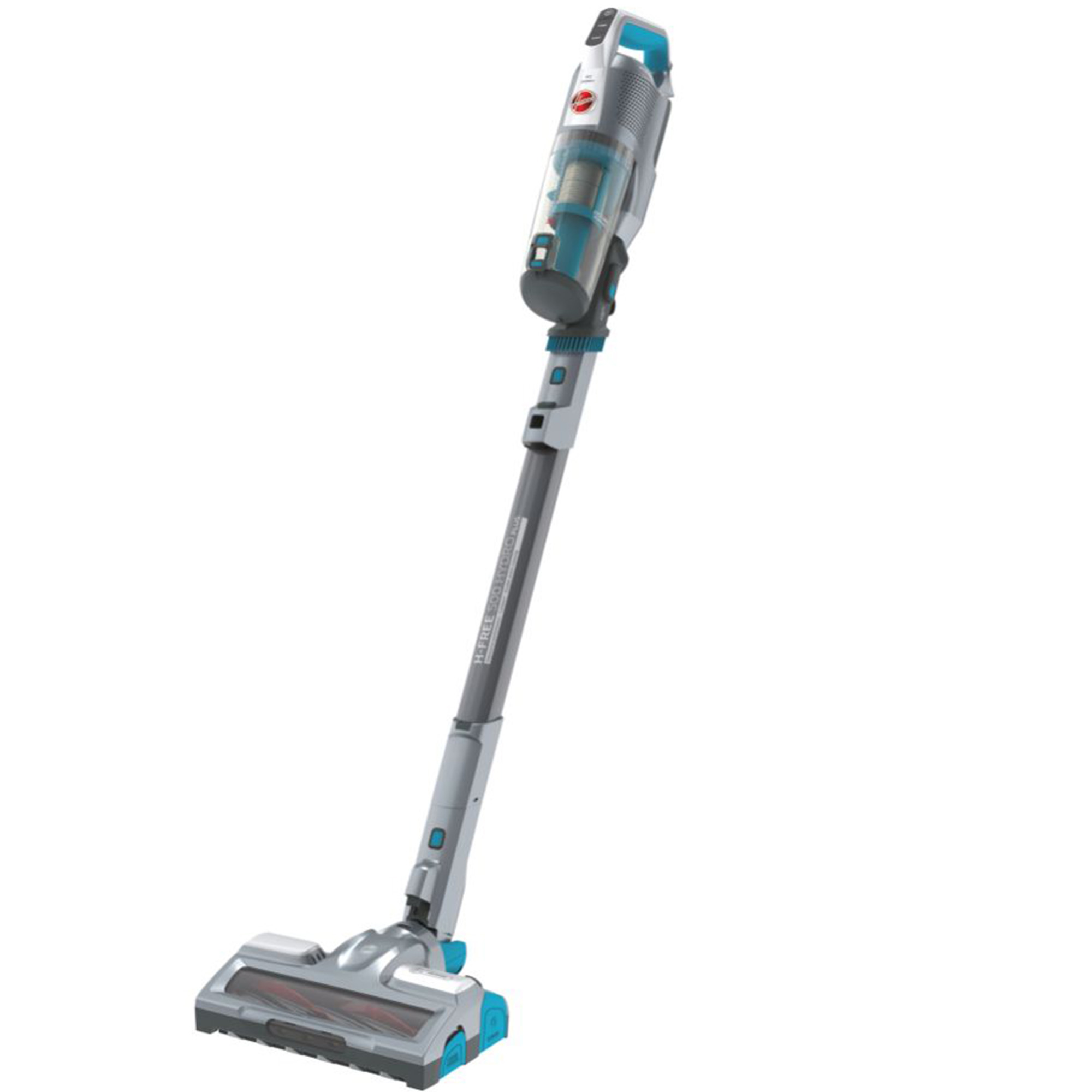 Un aspirapolvere senza fili grigio e blu con spazzola e contenitore polvere.
